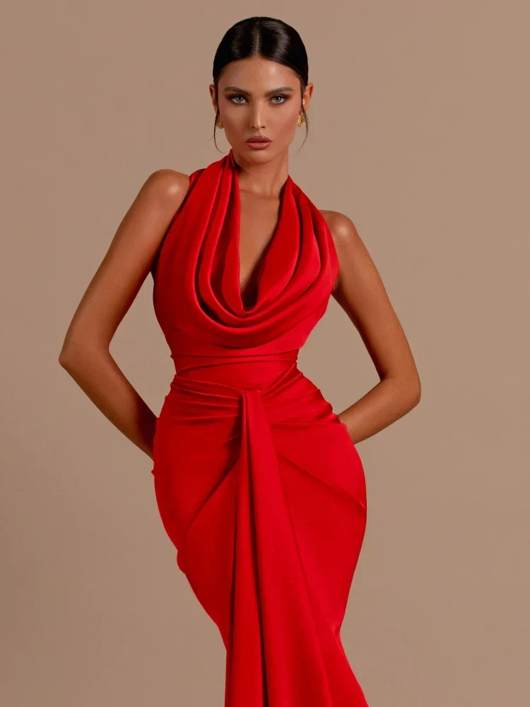 Sexy Swinging Collar Backless Pleated Long Dress Draped Design Party Dress - Image 4