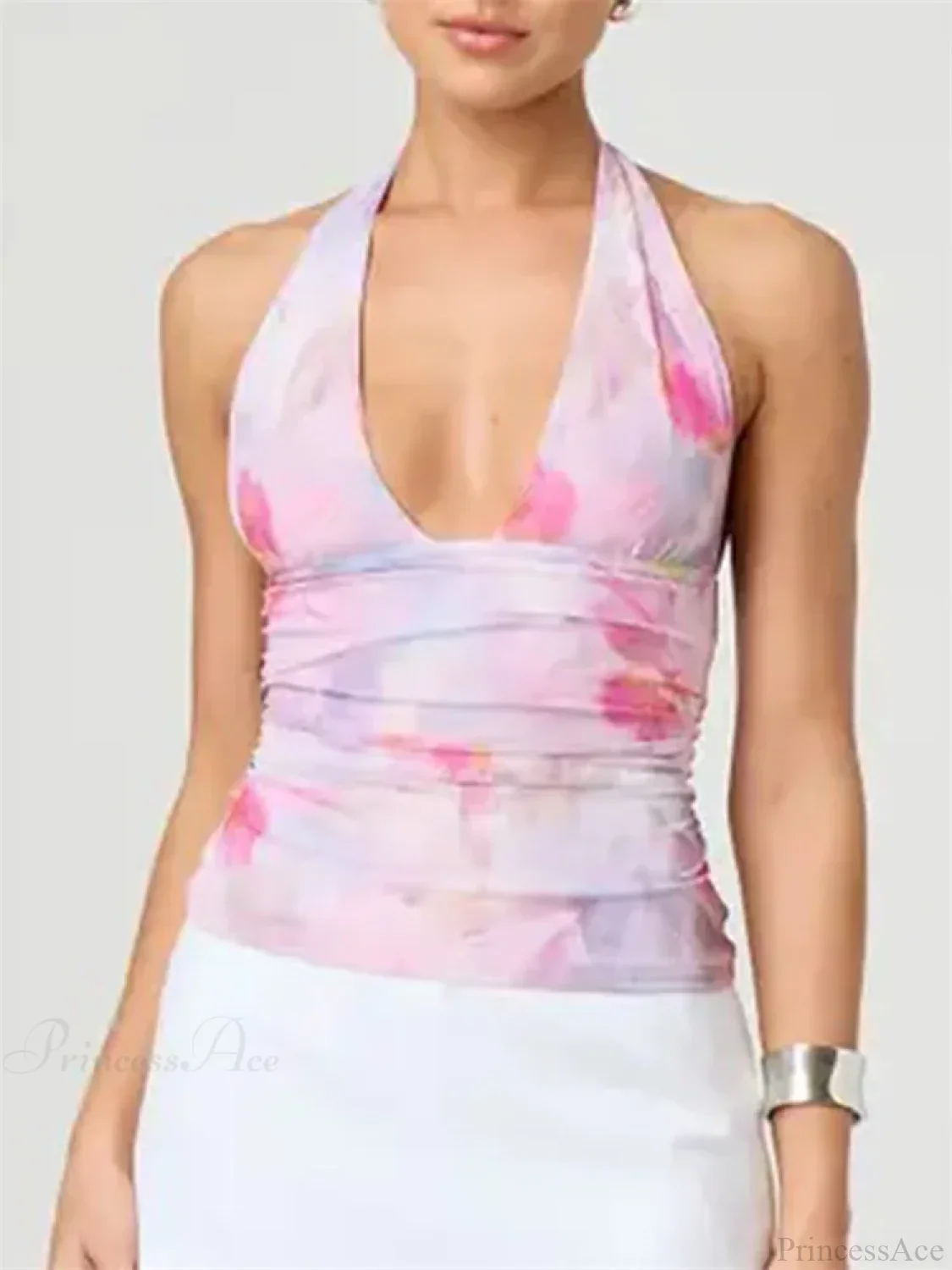 Sexy Tie-up Halter Tie-dye Ruched Crop Top - Image 2