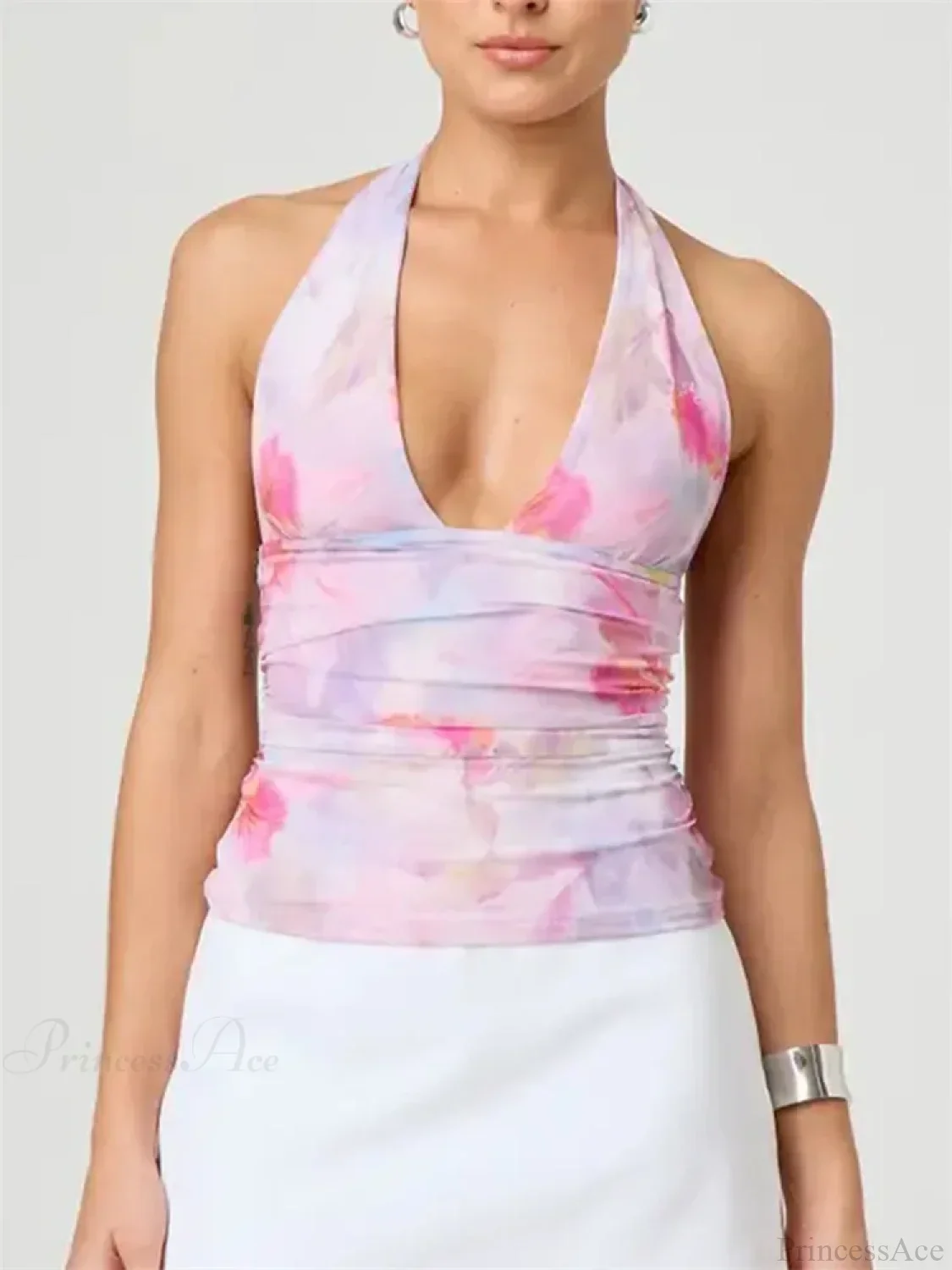 Sexy Tie-up Halter Tie-dye Ruched Crop Top - Image 3