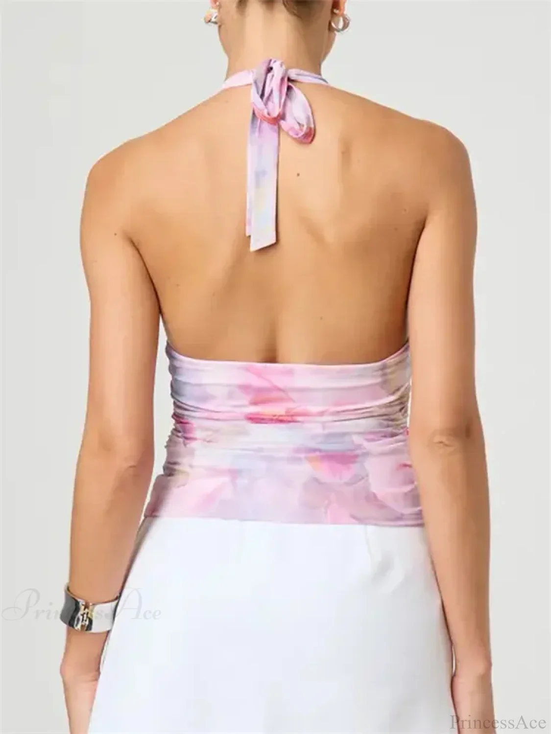 Sexy Tie-up Halter Tie-dye Ruched Crop Top - Image 4