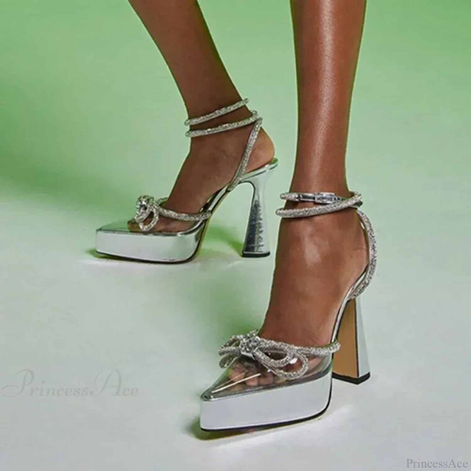 Sexy Transparent Pvc Crystal Pointed Butterfly Knot Chunky High Heel Party Wedding High Heel - Image 3