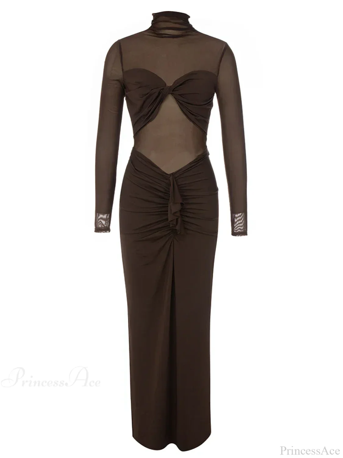 Sexy Turtleneck Mesh Patchwork Folds Brown Long Sleeve Draped Party Dress - Image 7