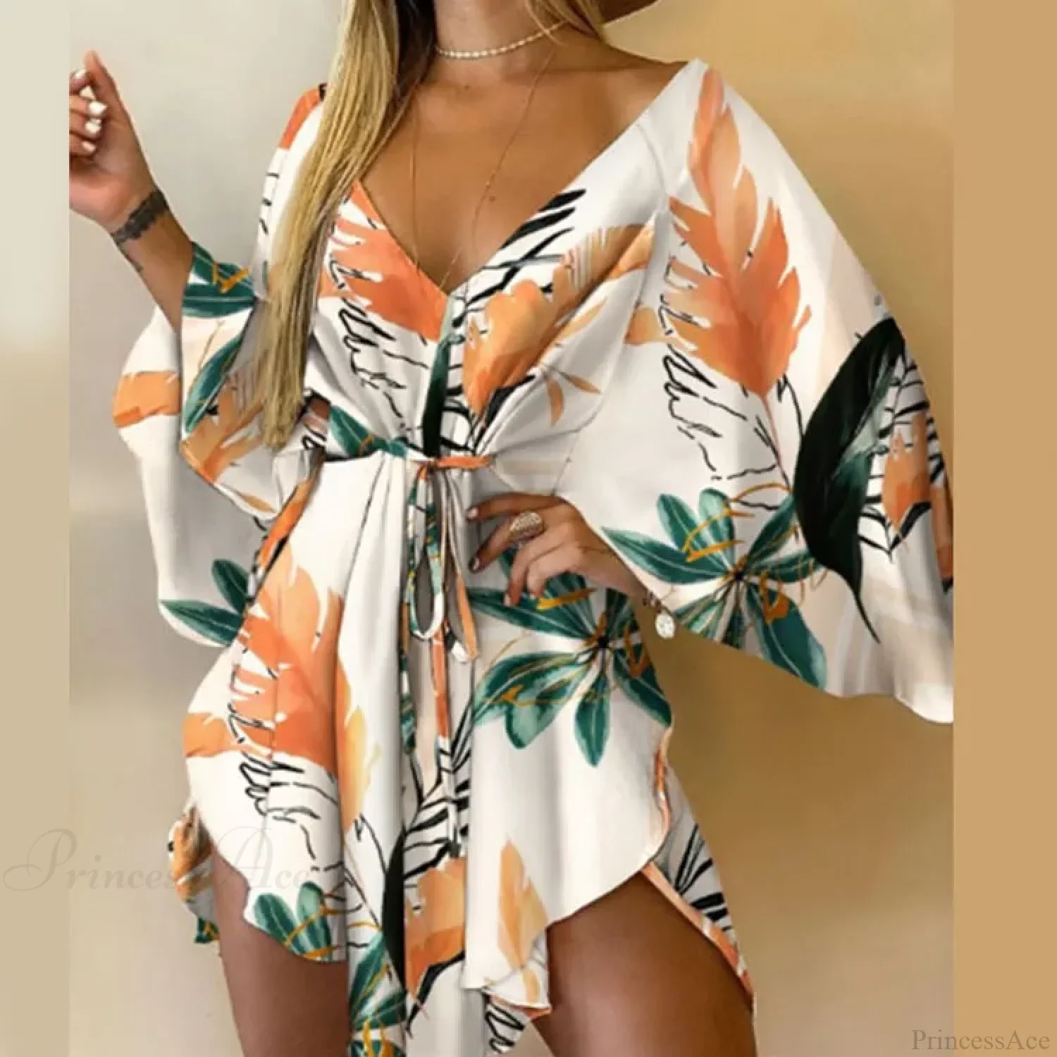 Sexy V-neck Bat Sleeve Bohemian Floral Beach Sundress - Image 10