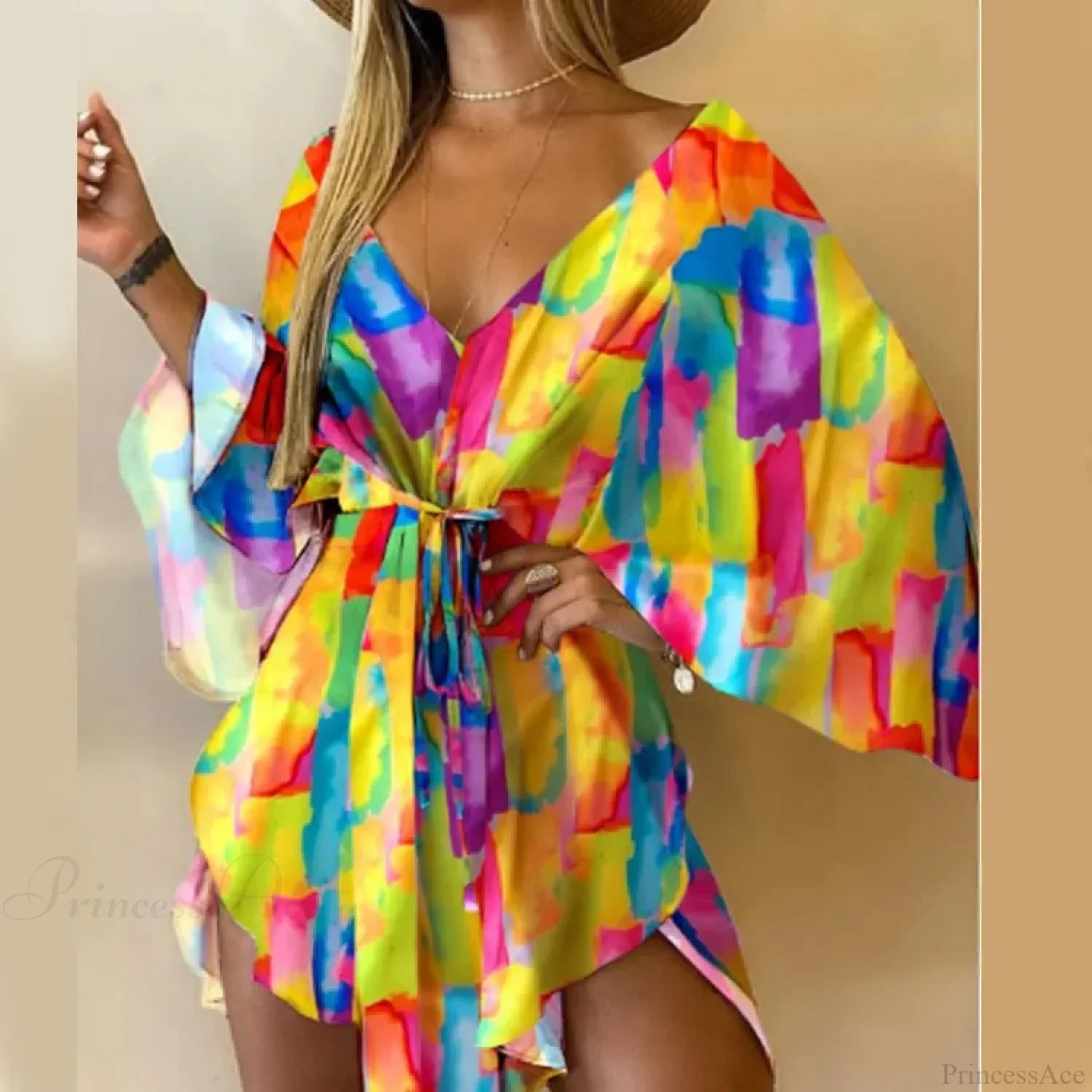 Sexy V-neck Bat Sleeve Bohemian Floral Beach Sundress - Image 14