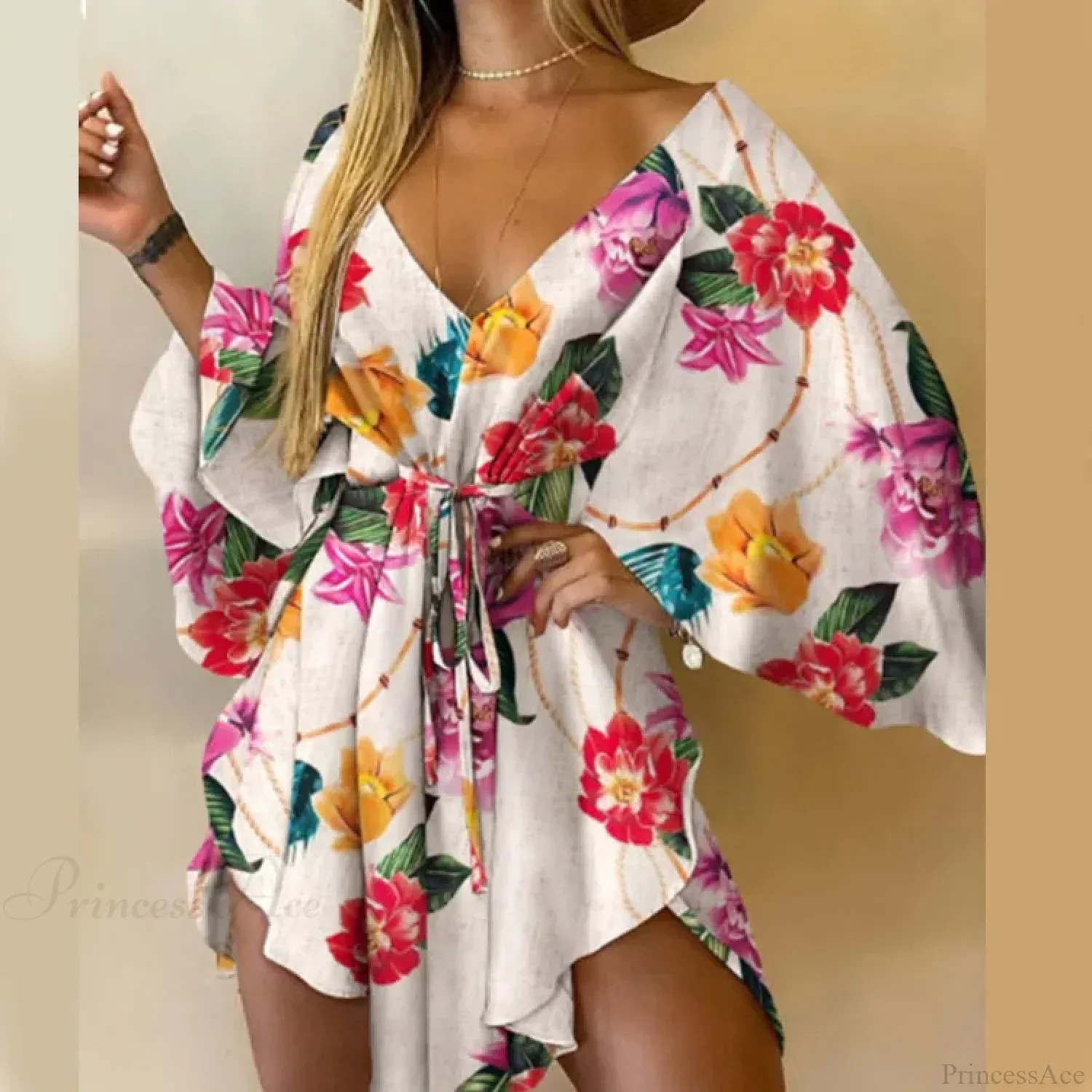 Sexy V-neck Bat Sleeve Bohemian Floral Beach Sundress - Image 15