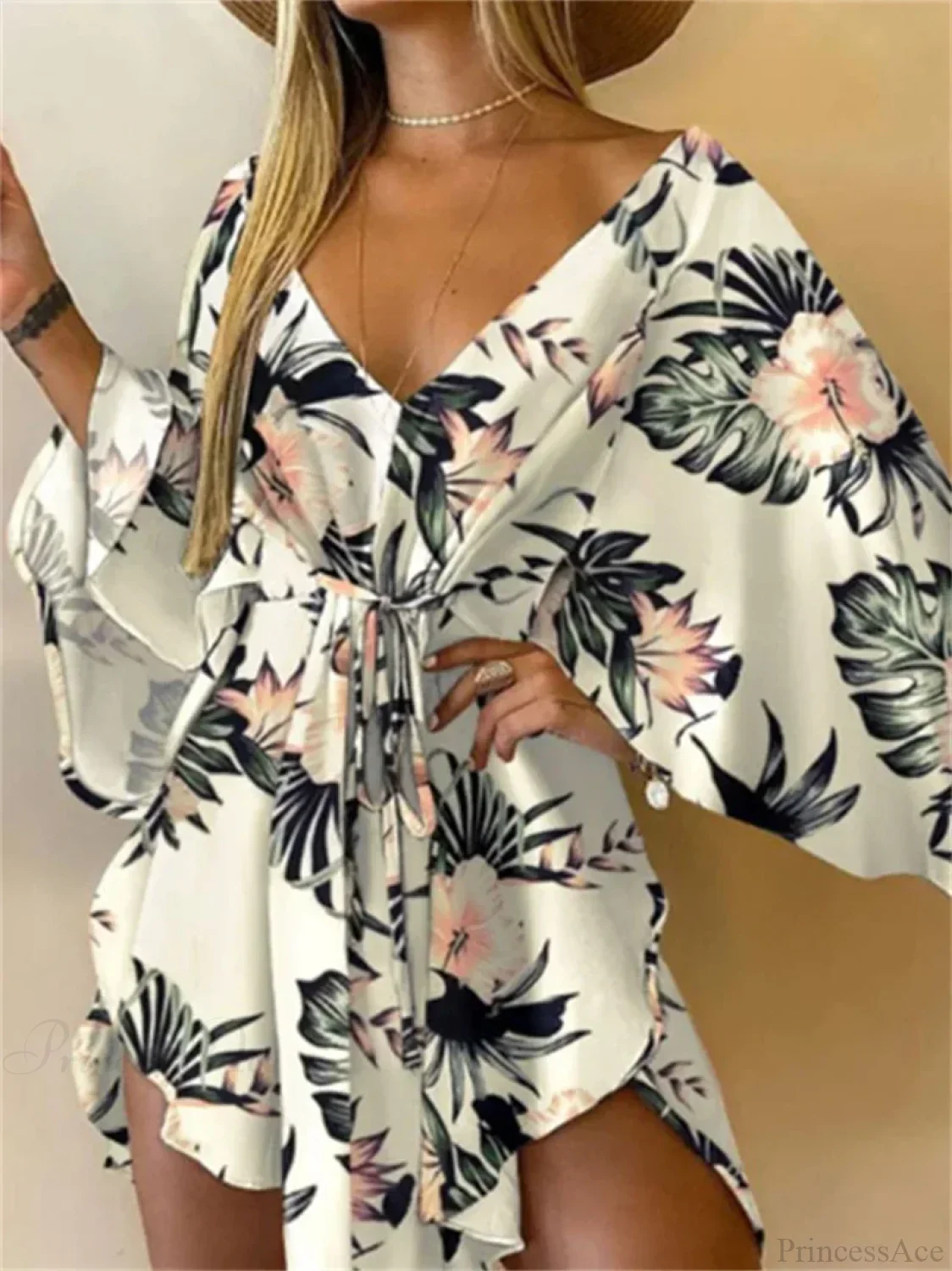 Sexy V-neck Bat Sleeve Bohemian Floral Beach Sundress - Image 6