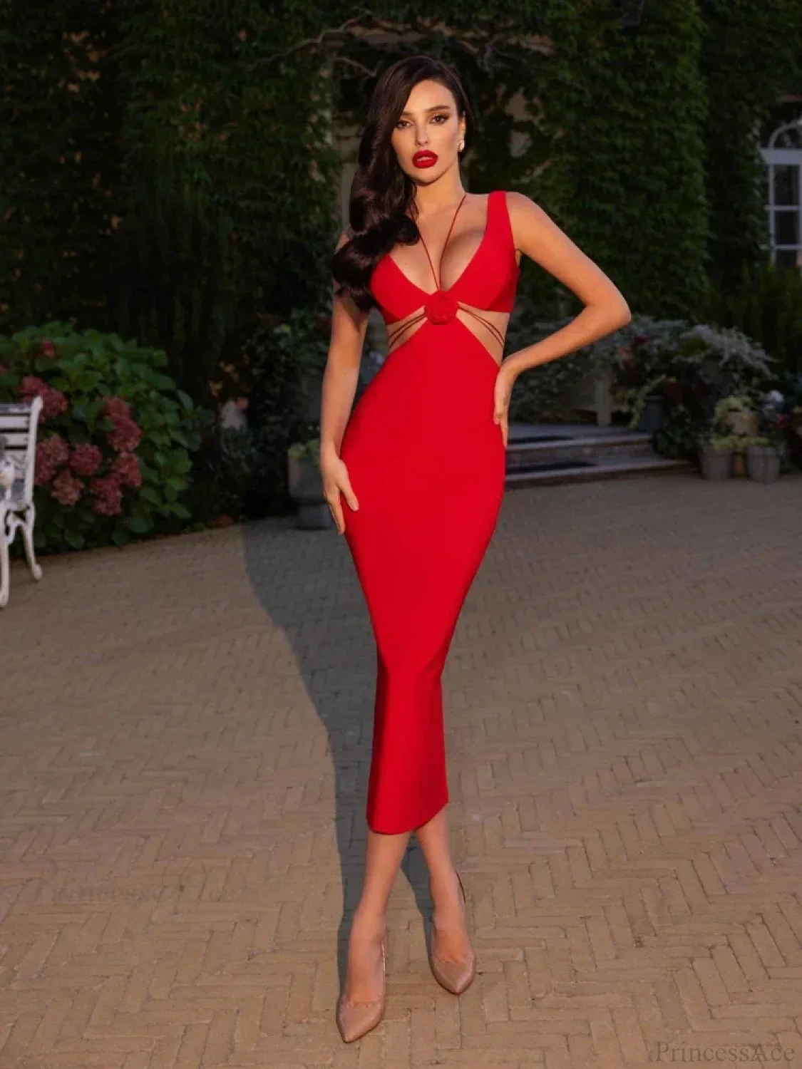 Sexy V Neck Flower Hollow Out Design Midi Dress Halter Party Dress - Image 5