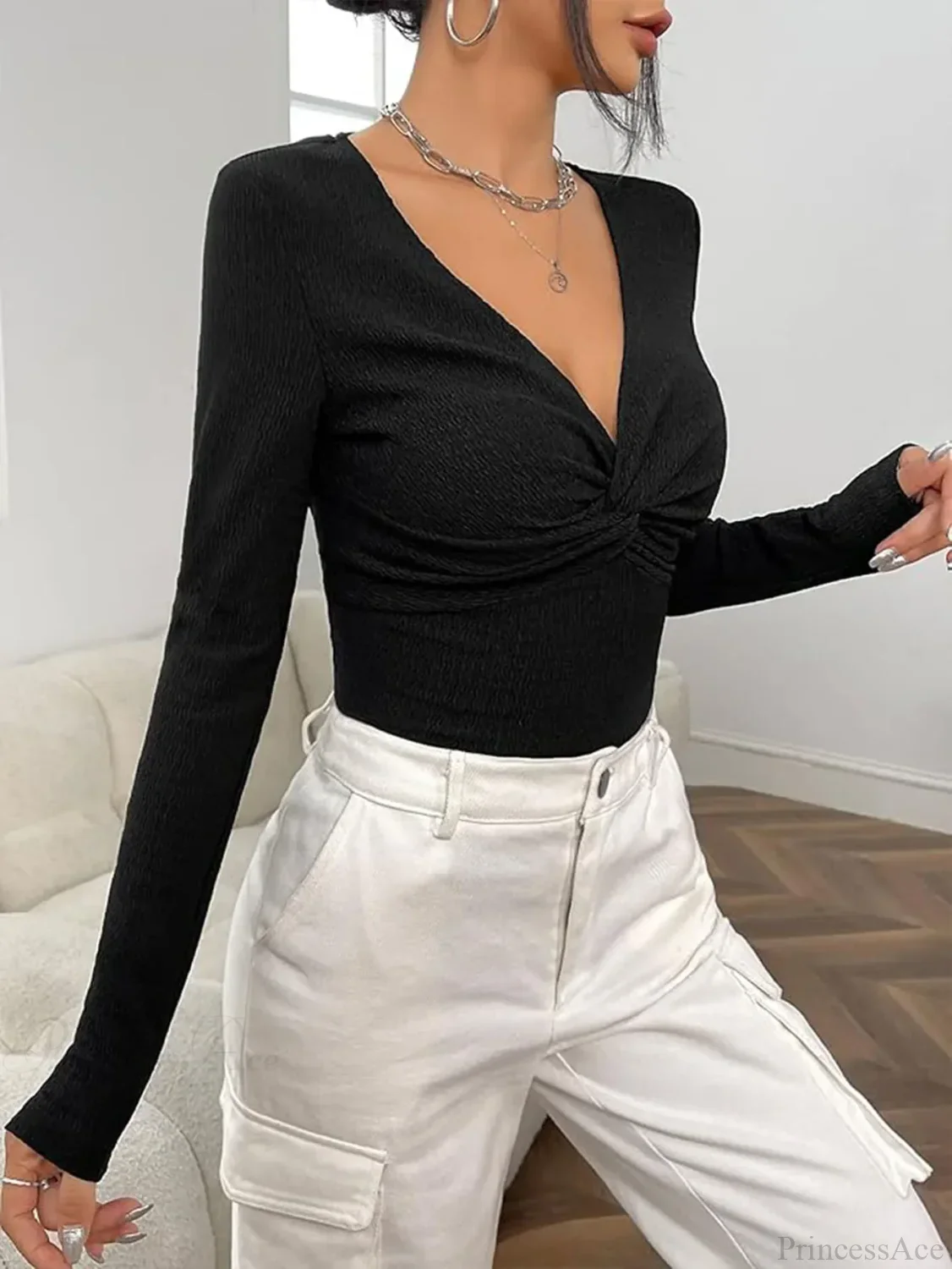 Sexy V-Neck Knitted Base Shirt Figure Slim Fit Top Women - Image 2