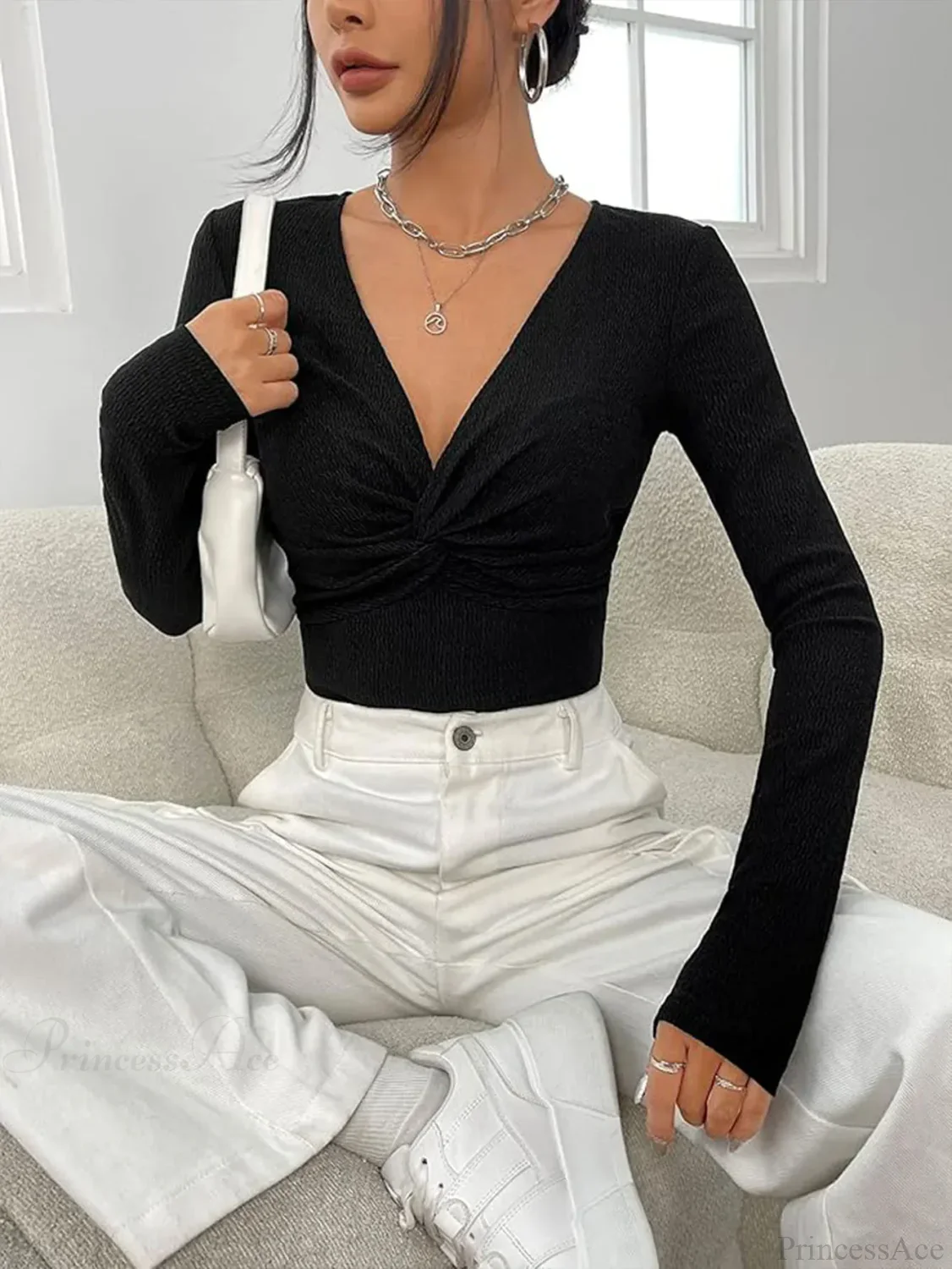 Sexy V-Neck Knitted Base Shirt Figure Slim Fit Top Women - Image 3