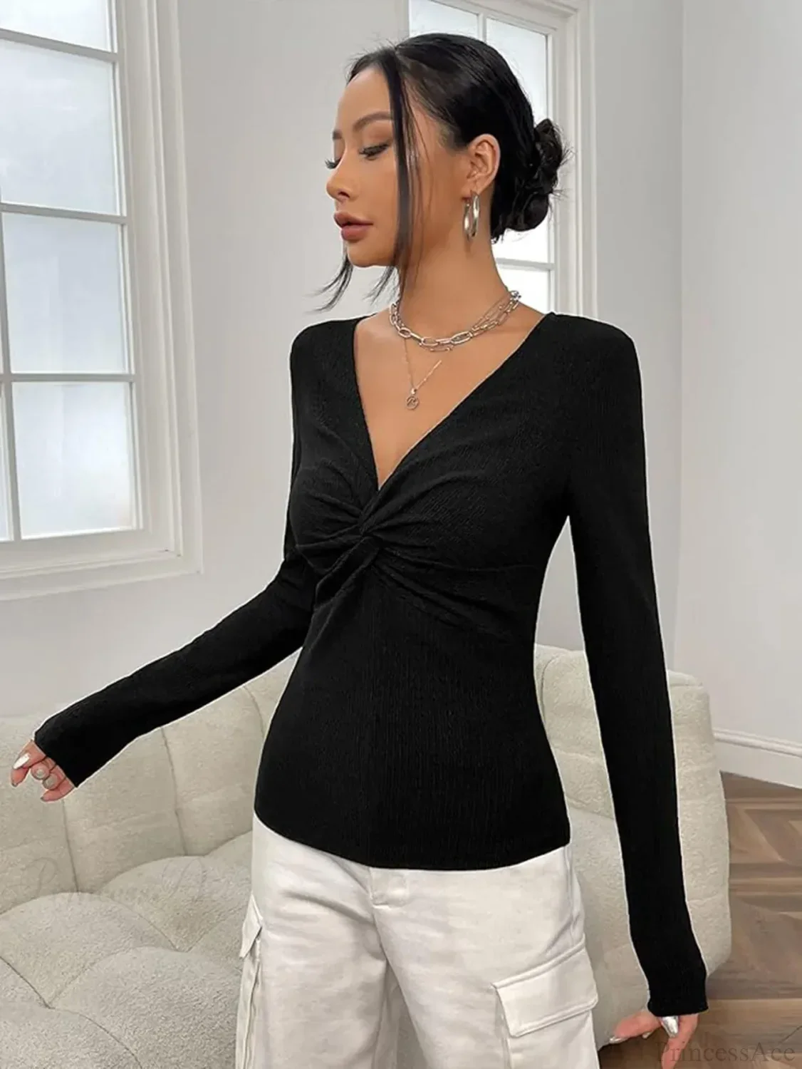 Sexy V-Neck Knitted Base Shirt Figure Slim Fit Top Women - Image 4