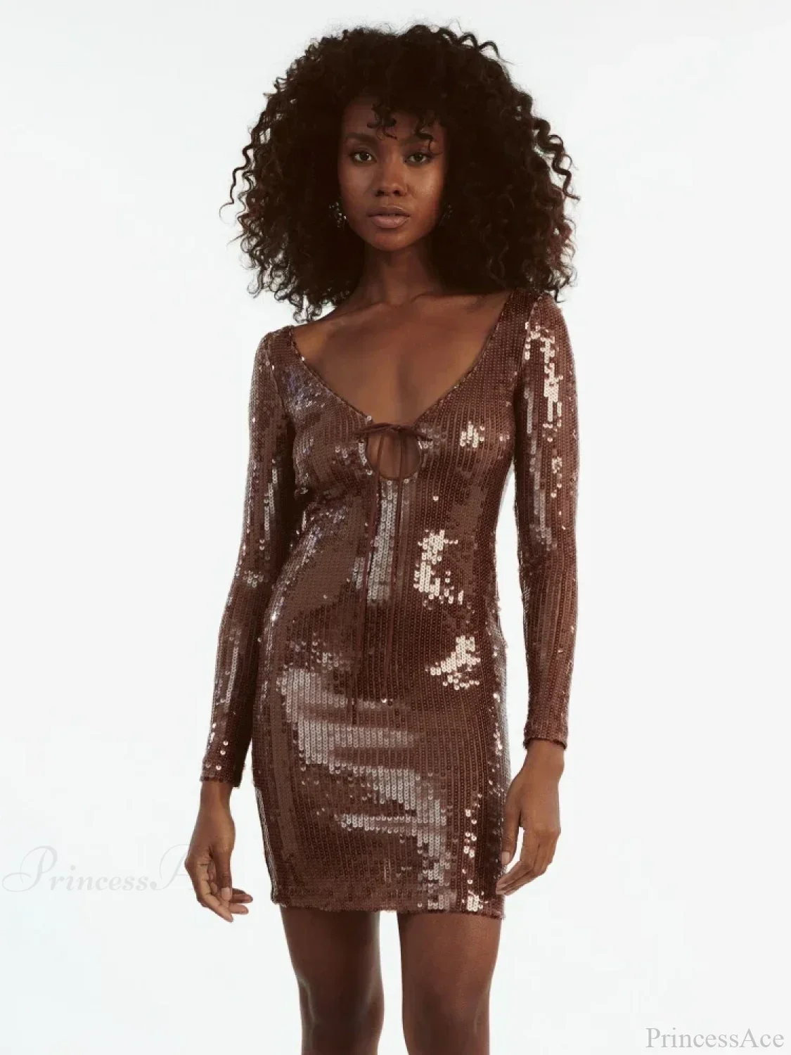 Sexy V Neck Long Sleeves Backless Sequin Mini Dress Women Party Dress - Image 3