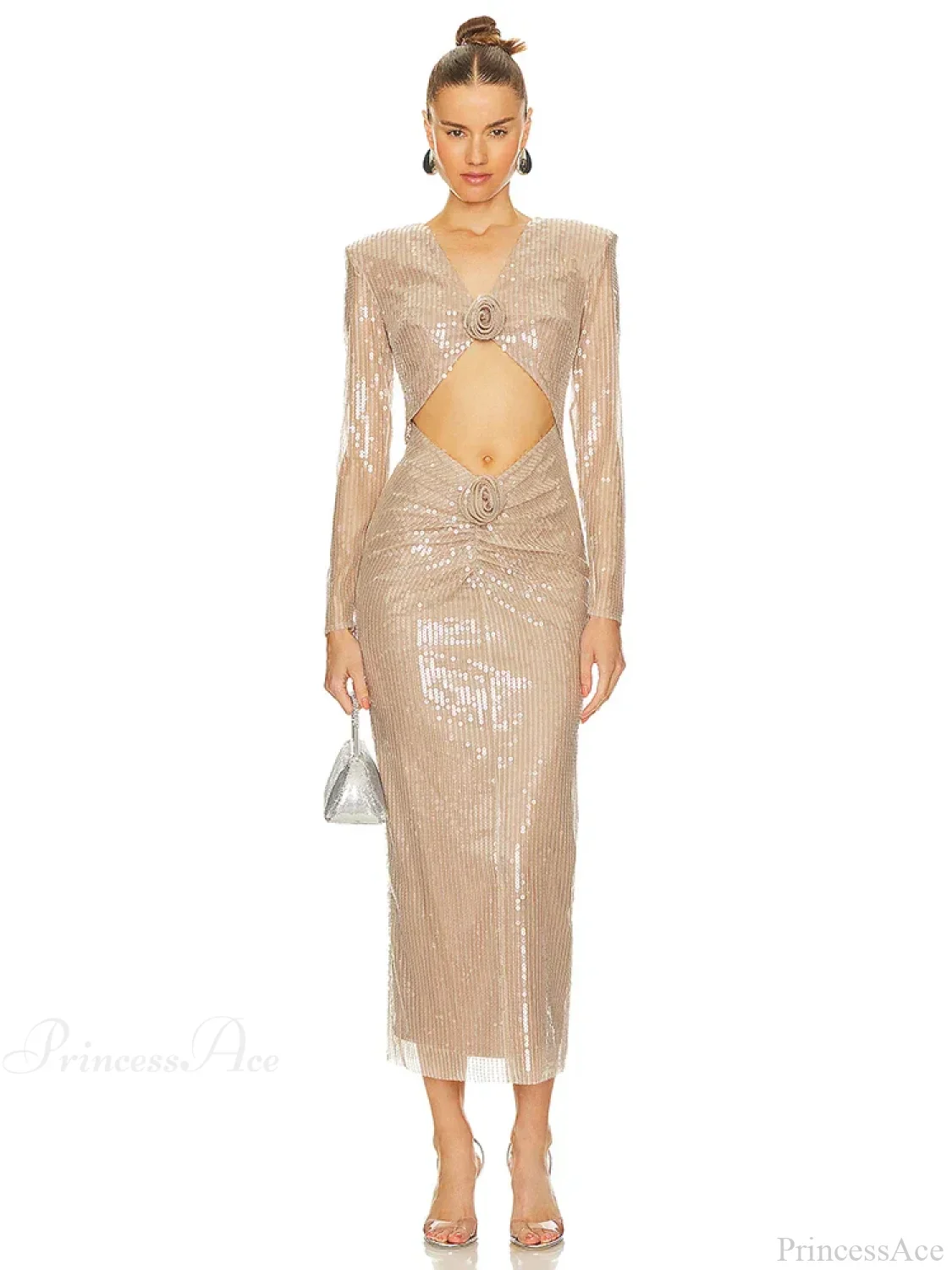 Sexy V Neck Sequins Cutout 3D Flower Dress Long Sleeves Party Dress - Image 3