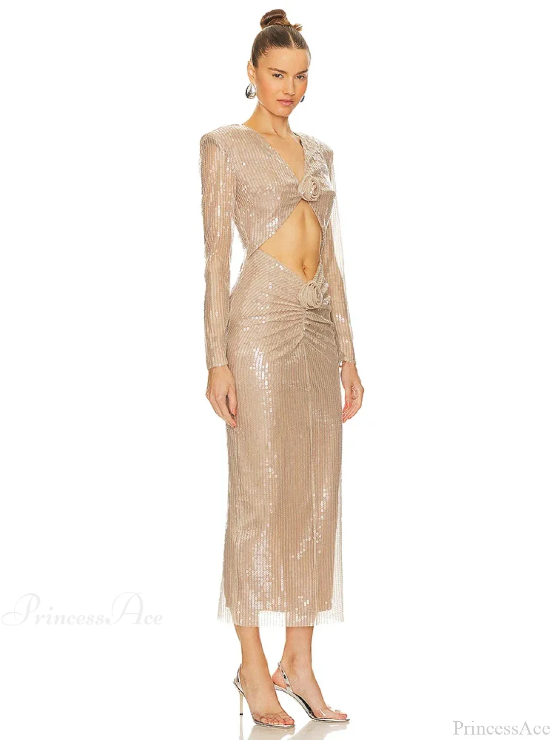 Sexy V Neck Sequins Cutout 3D Flower Dress Long Sleeves Party Dress - Image 4
