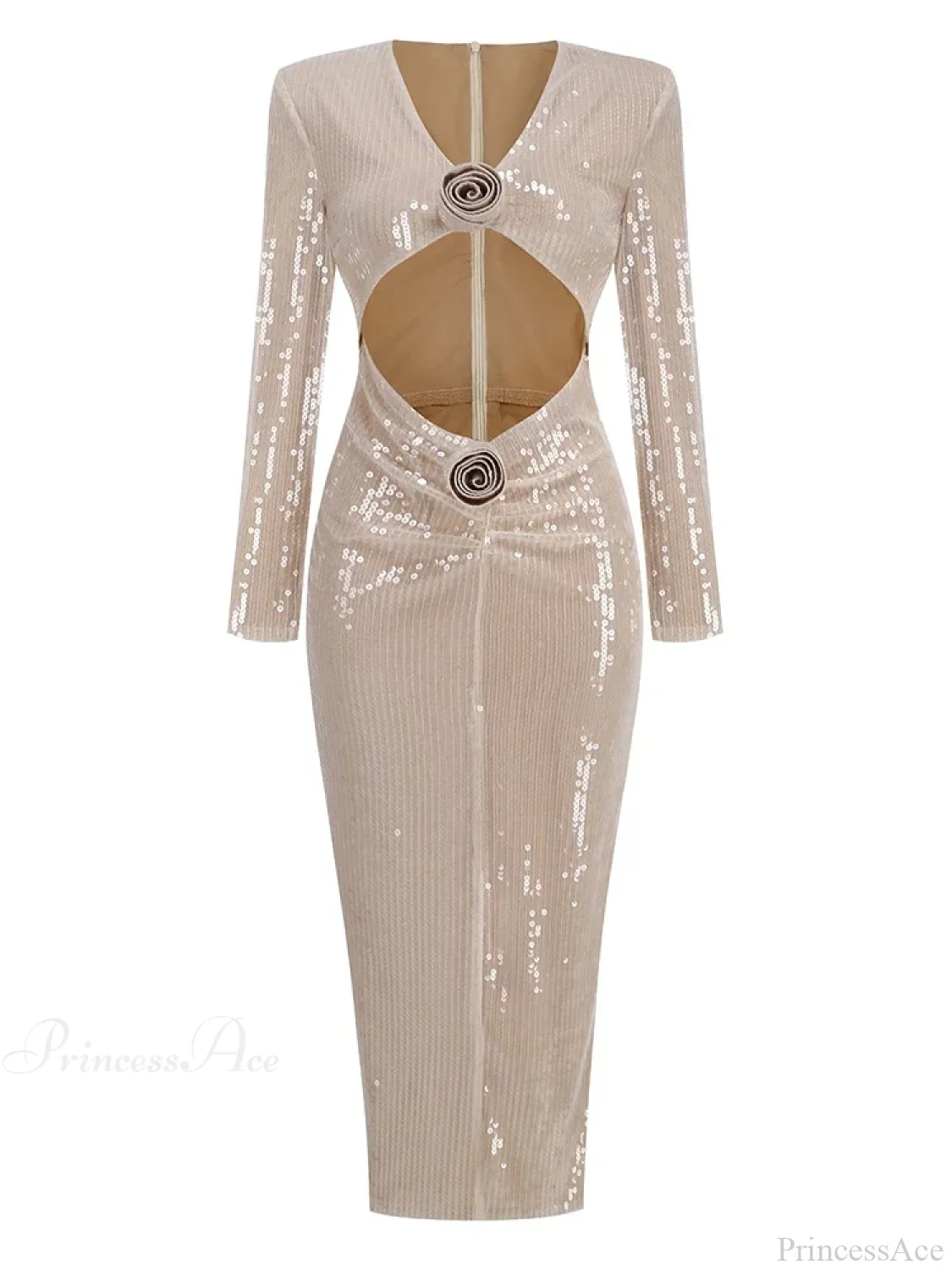 Sexy V Neck Sequins Cutout 3D Flower Dress Long Sleeves Party Dress - Image 7
