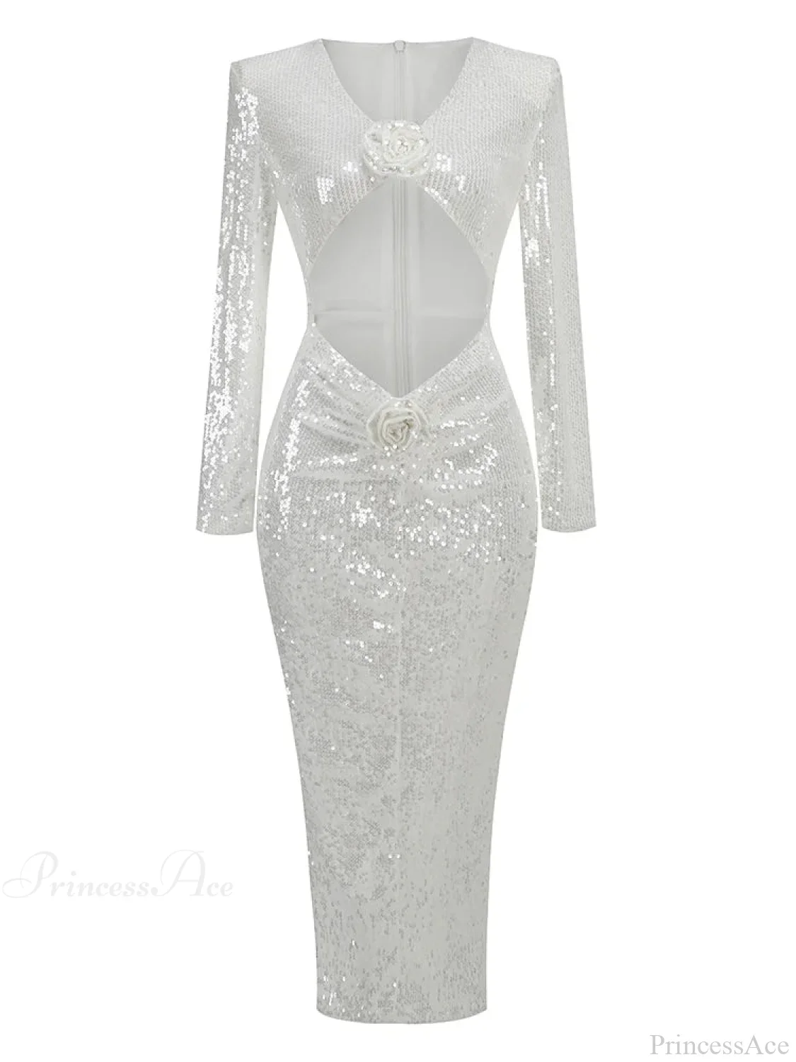 Sexy V Neck Sequins Cutout 3D Flower Dress Long Sleeves Party Dress - Image 8