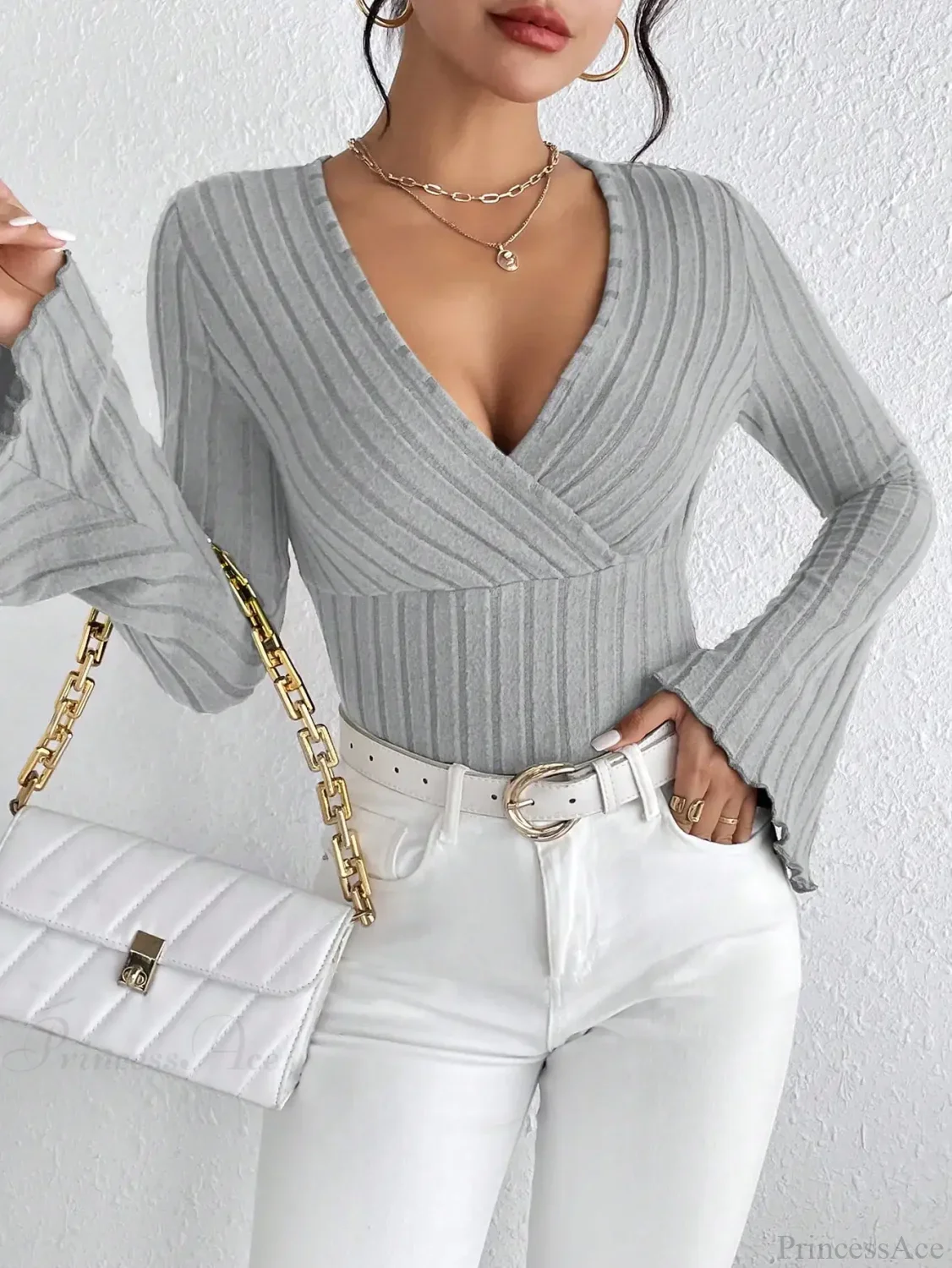 Sexy V-Neck Solid Color Slim Long Sleeve T-shirt Women - Image 5