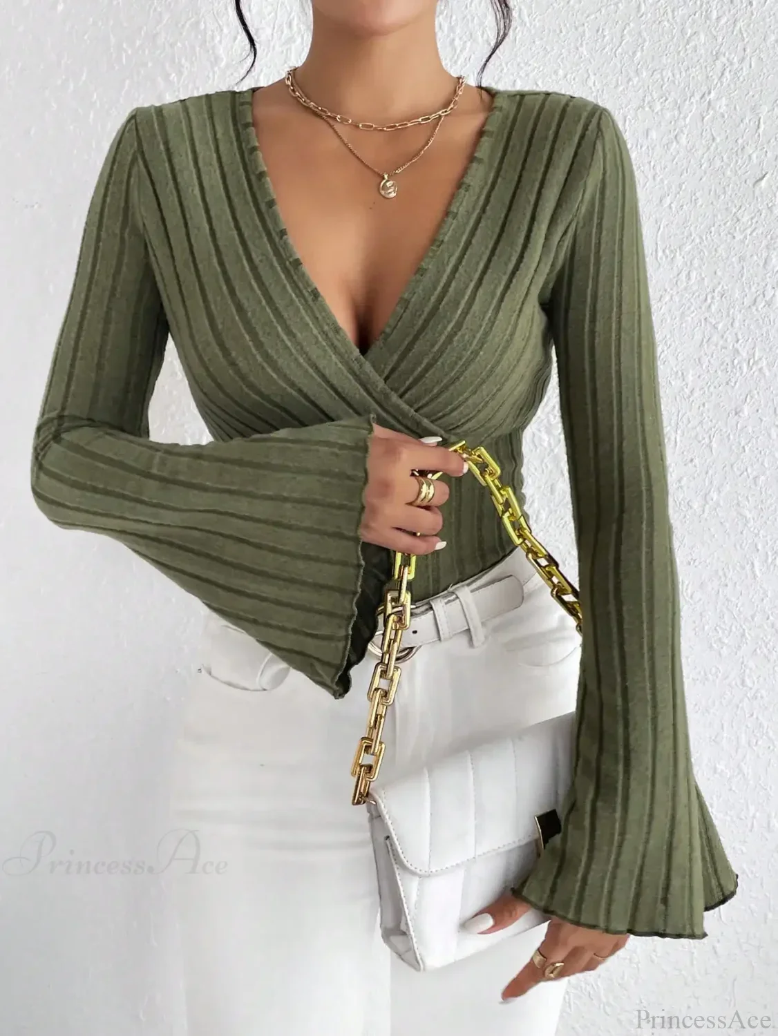 Sexy V-Neck Solid Color Slim Long Sleeve T-shirt Women - Image 7