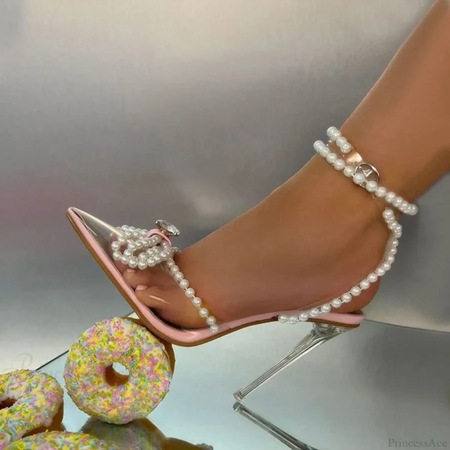 Sexy White String-Bead TransparentFashionable Butterfly-Knot Clear Pointed-Toe Summer Pumps High Heel - Image 3