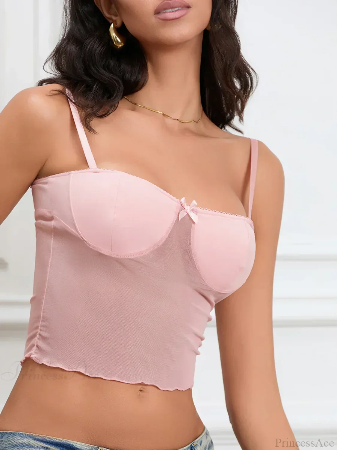 Sheer Camis Sweetheart Bow Spaghetti Strap Crop Top - Image 5