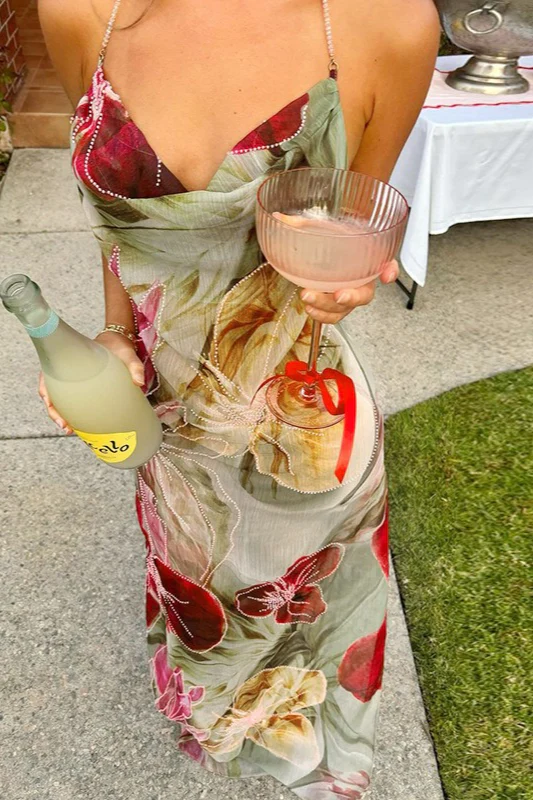 Sheer Floral Print Slit Vacation Maxi Dress - Image 3