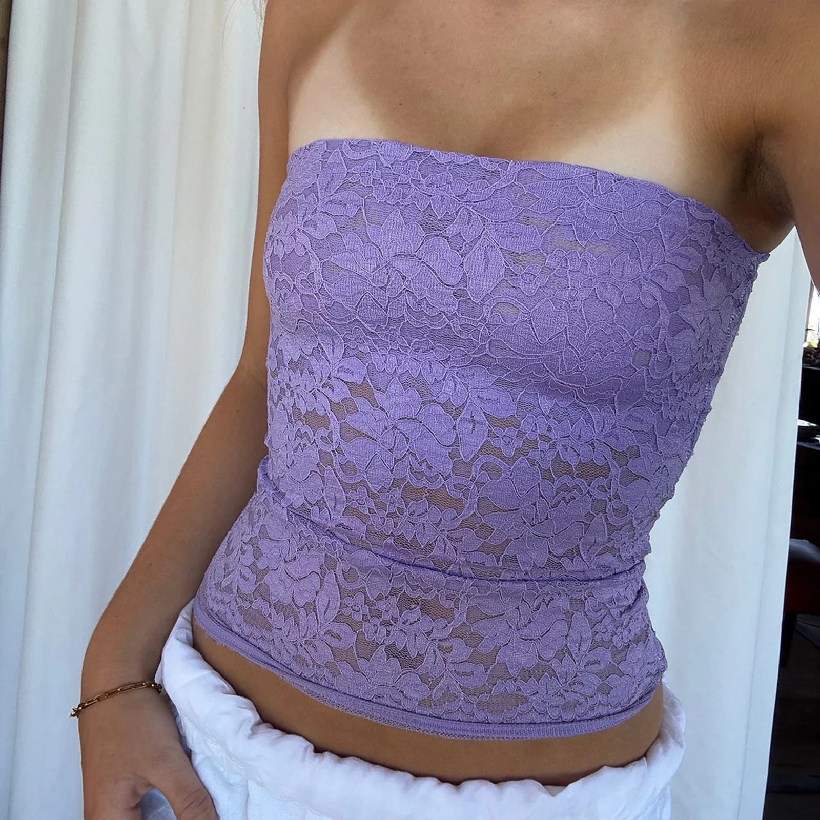 Sheer Floral Tube Crop Top - Image 4