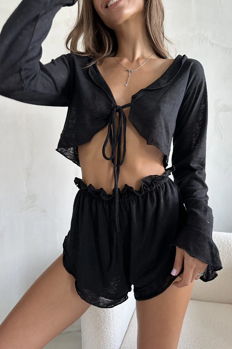 Sheer Knit Tie Front Cardigan Shorts Two Piece Set - Image 10