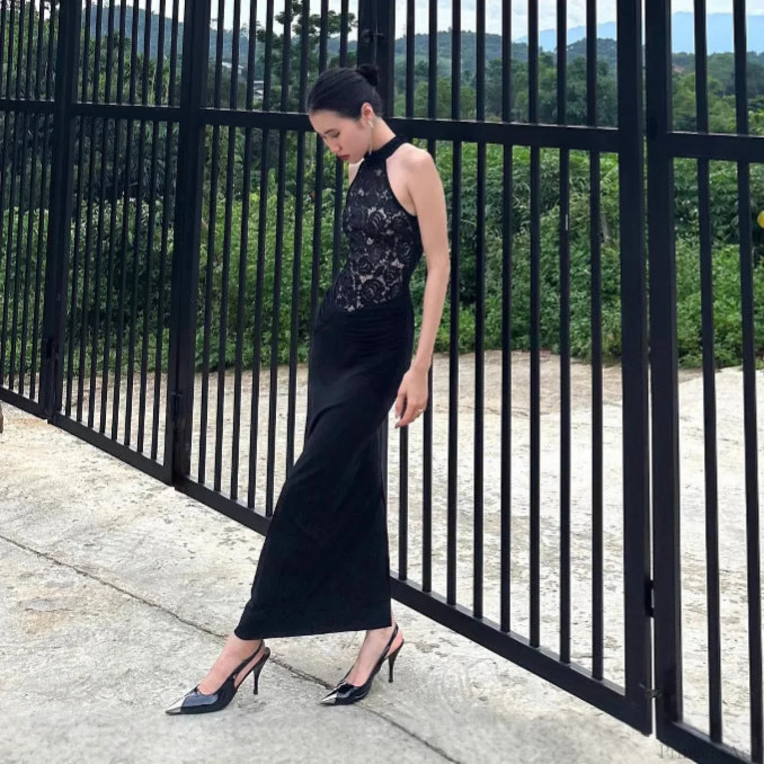 Sheer Lace Halter Backless Black Prom Dress - Image 2