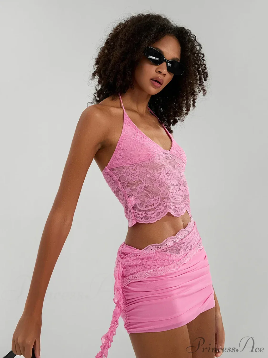 Sheer Lace Halter Crop Top Asymmetric Skirt Outfit - Image 4