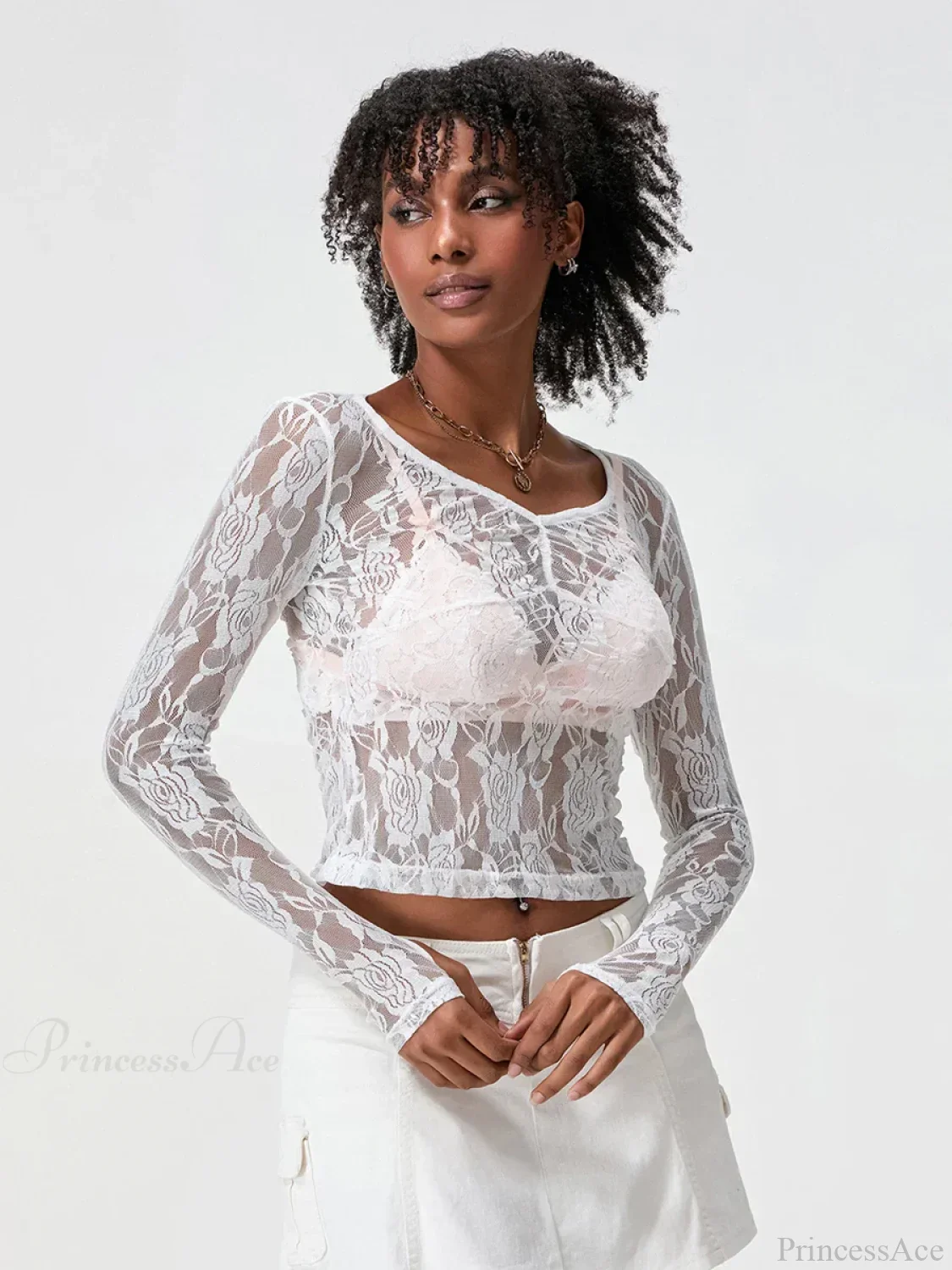 Sheer Lace Long Sleeve V-neck Mesh Crop T-shirt - Image 4