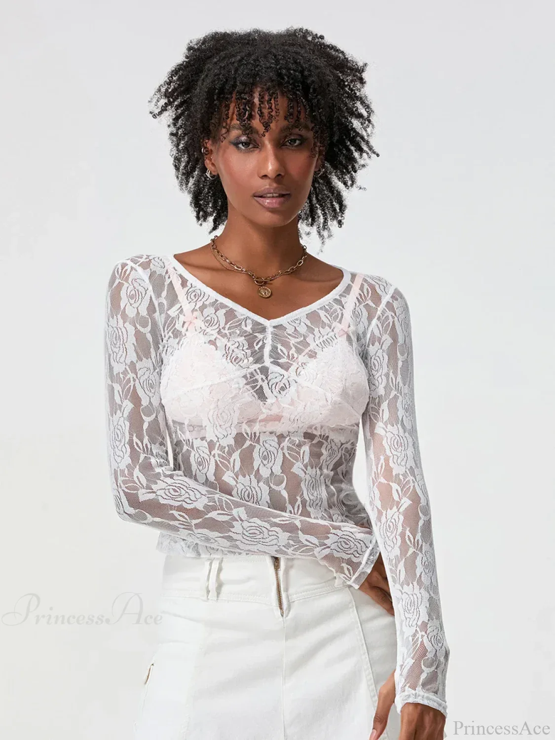 Sheer Lace Long Sleeve V-neck Mesh Crop T-shirt - Image 6