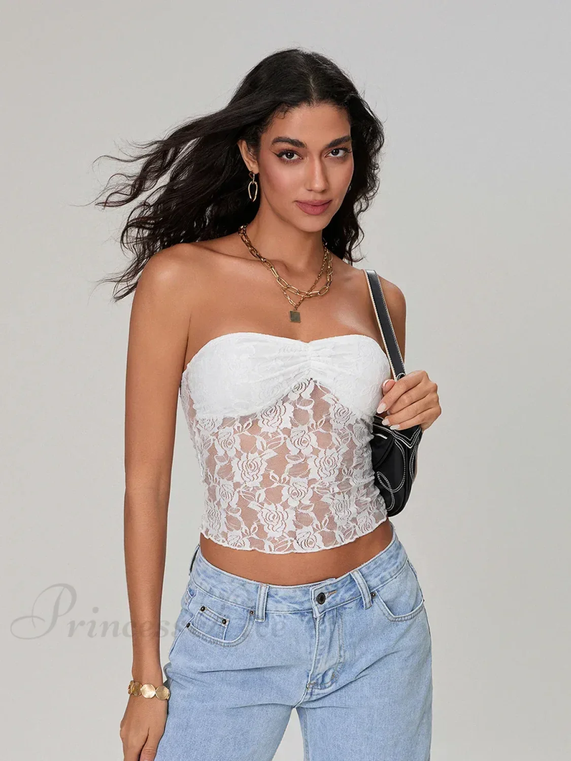 Sheer Lace Off-shoulder Strapless Low Cut Bandeau Top - Image 12