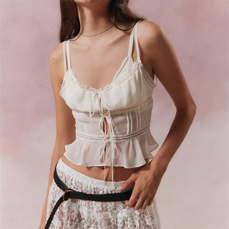 Sheer Lace-Up Spaghetti Crop Top - Image 7