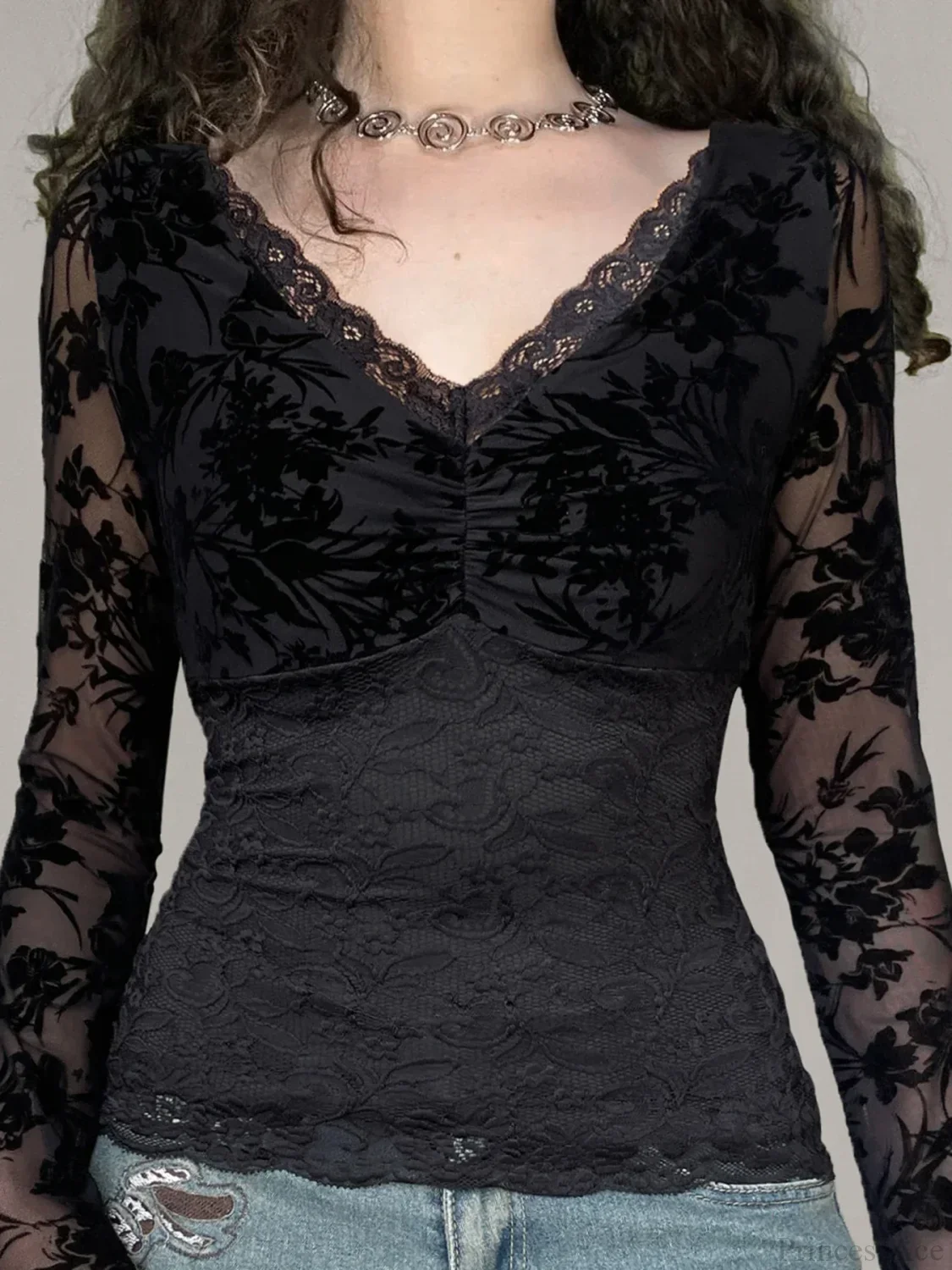 Sheer Lace V-neck Knit Top