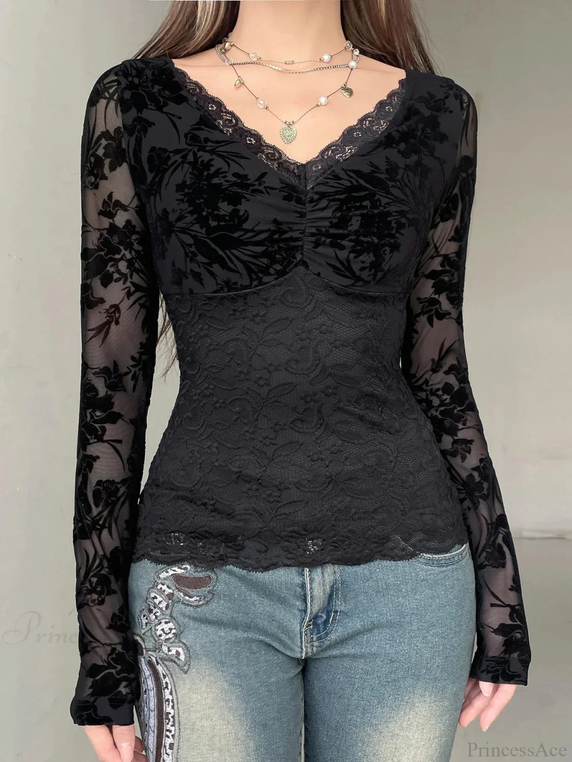Sheer Lace V-neck Knit Top - Image 4