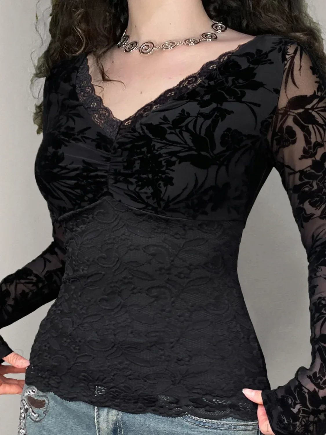 Sheer Lace V-neck Knit Top - Image 6