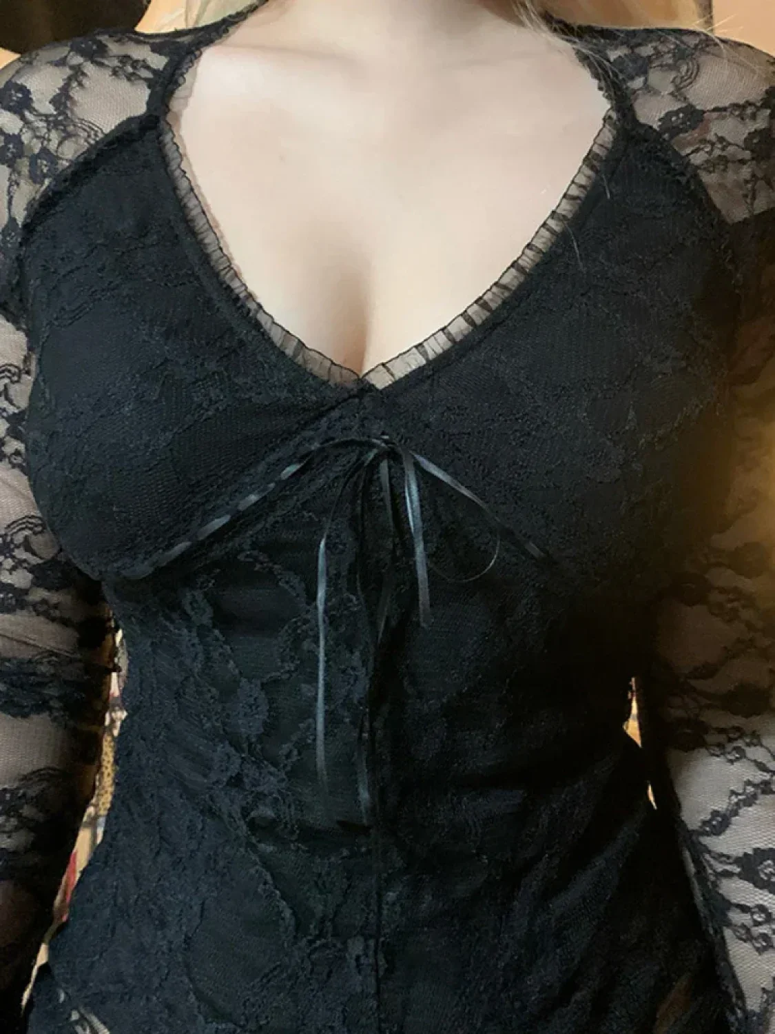 Sheer Lace V-neck Knit Top - Image 2
