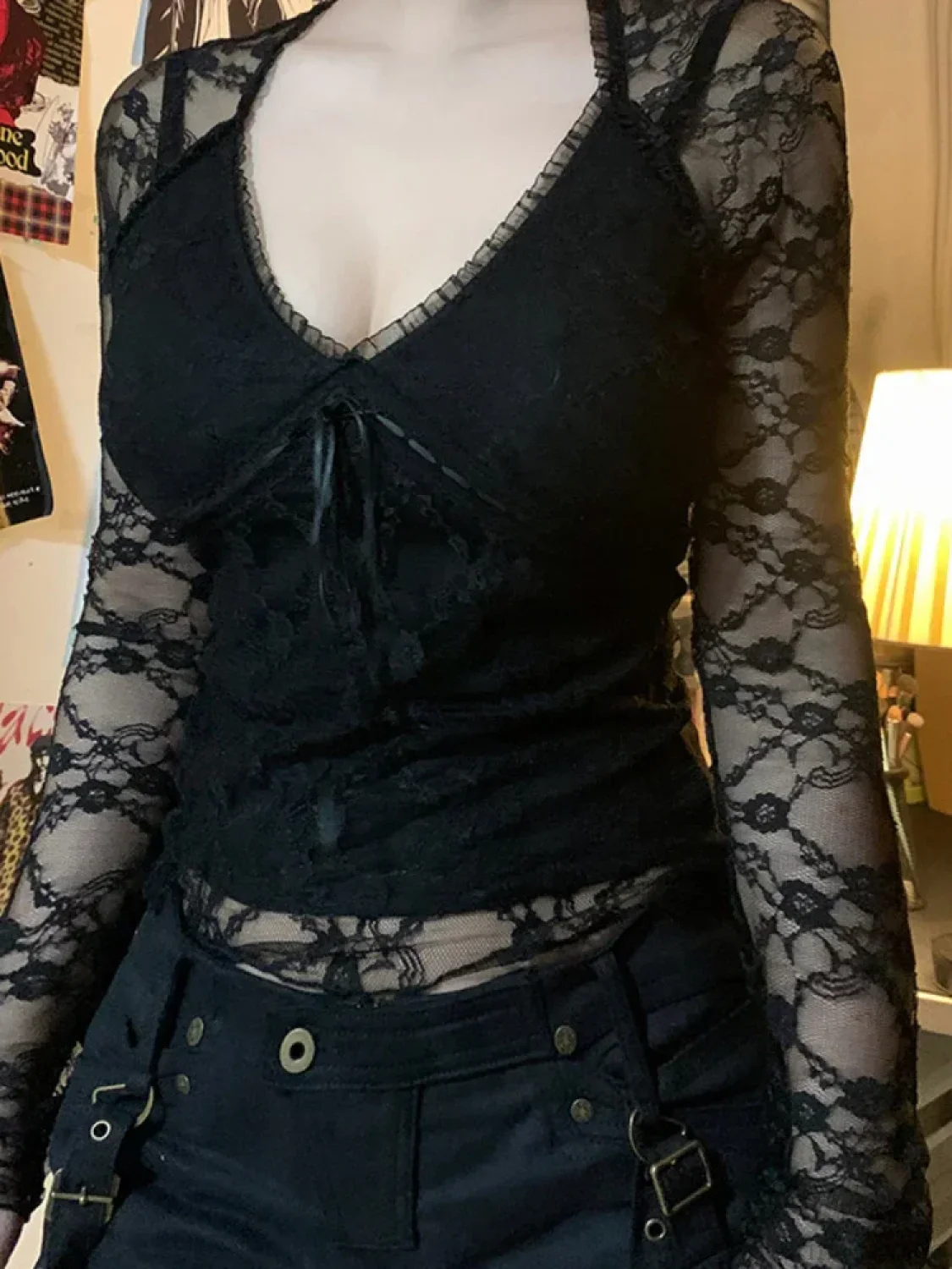 Sheer Lace V-neck Knit Top - Image 3
