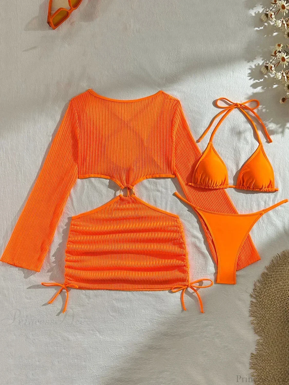 Sheer Long Sleeve Bikini Cover-Up Three Piece Swimsuit - Image 6
