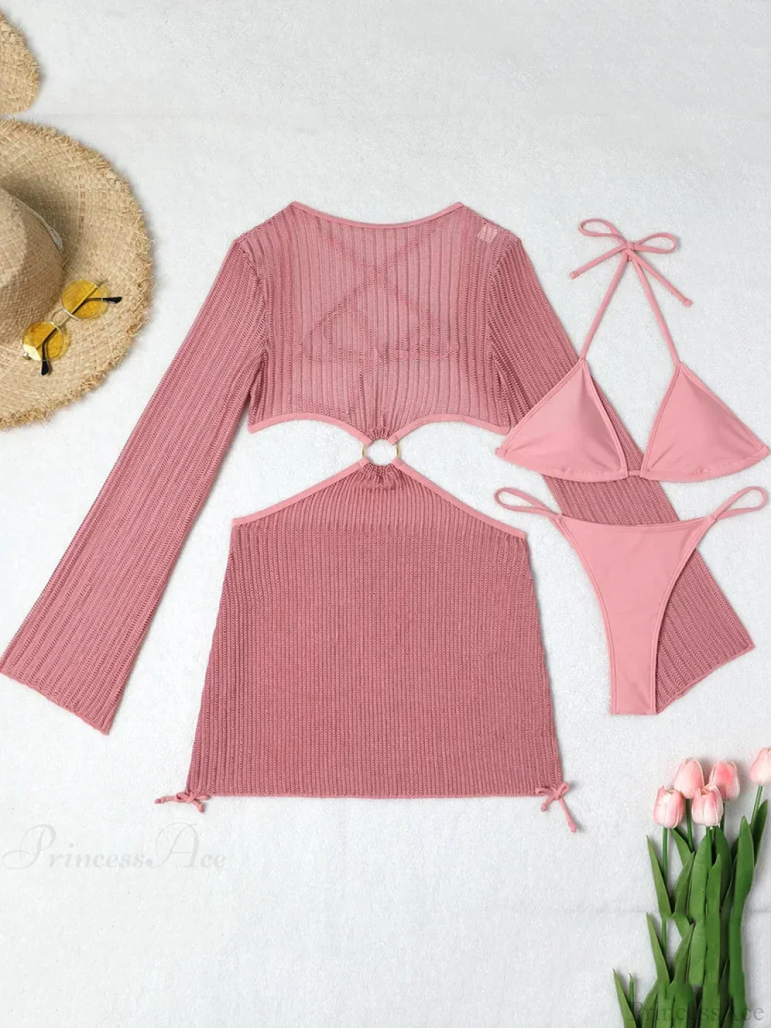 Sheer Long Sleeve Bikini Cover-Up Three Piece Swimsuit - Image 7
