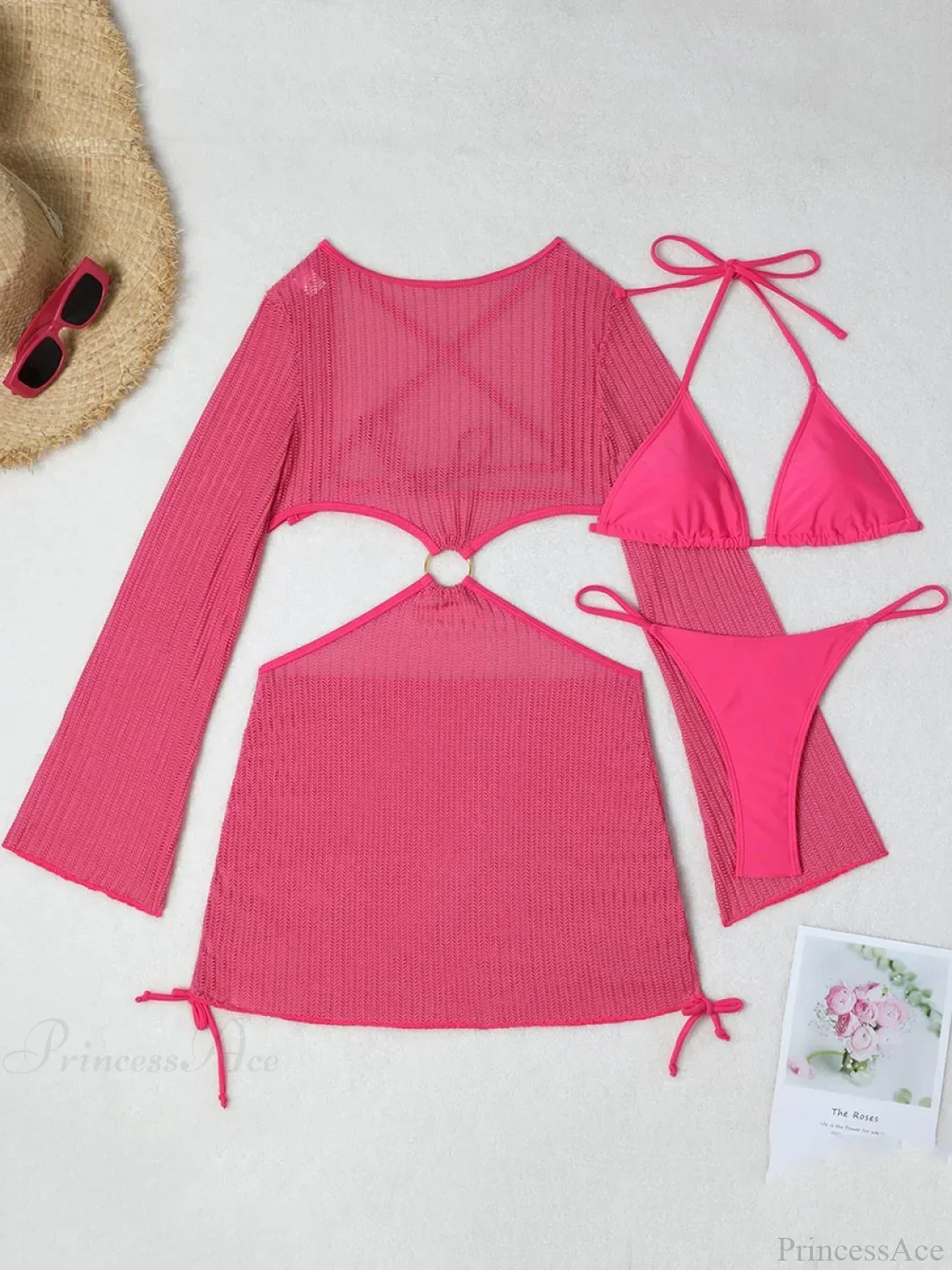 Sheer Long Sleeve Bikini Cover-Up Three Piece Swimsuit - Image 8