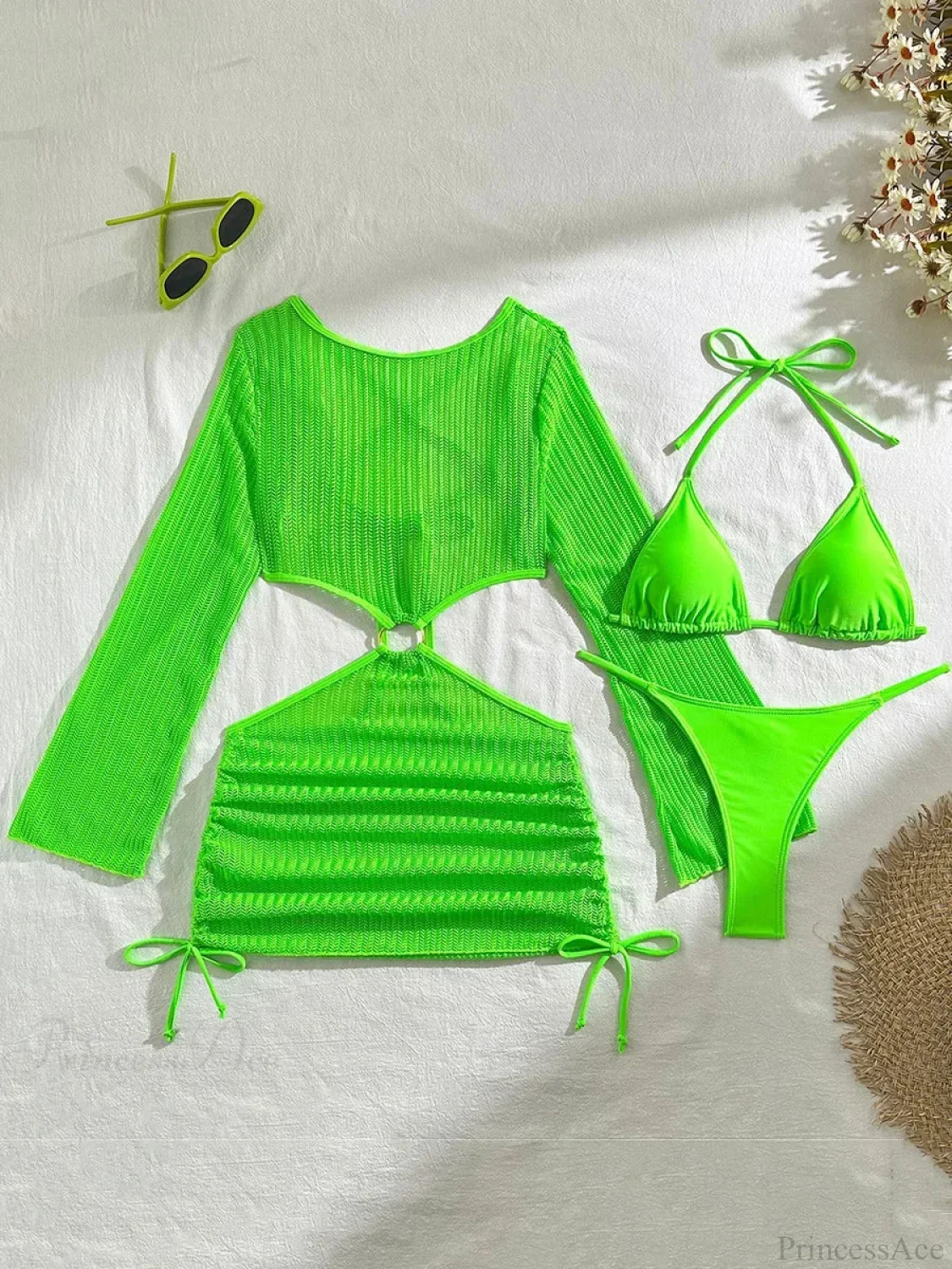 Sheer Long Sleeve Bikini Cover-Up Three Piece Swimsuit - Image 9