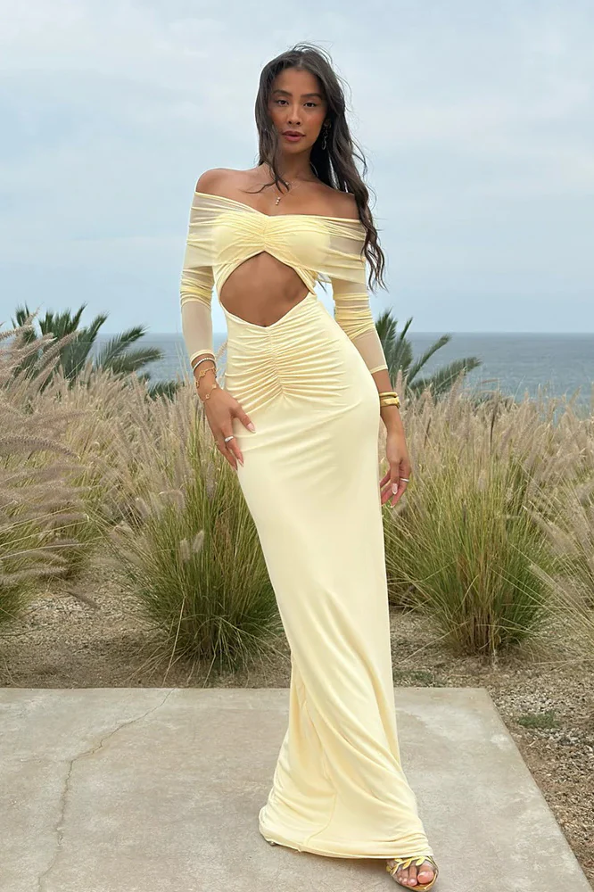 Sheer Mesh Cutout Off Shoulder Patchwork Maxi Dress