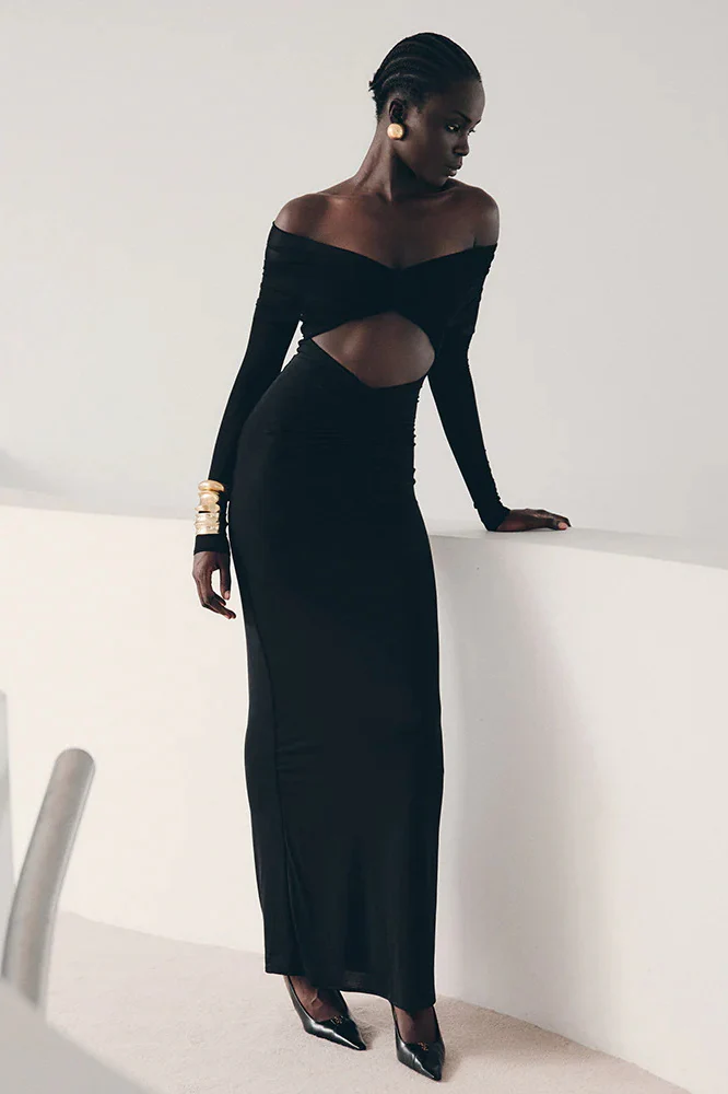 Sheer Mesh Cutout Off Shoulder Patchwork Maxi Dress - Image 4