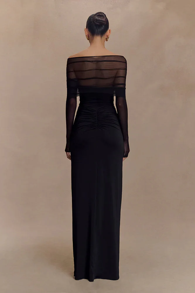 Sheer Mesh Cutout Off Shoulder Patchwork Maxi Dress - Image 8