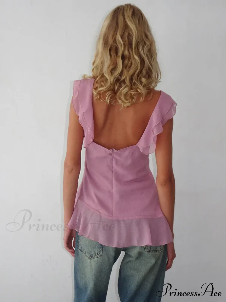Sheer Mesh Sleeveless Backless 3D Stylish Elegant Trendy Chic Ruffle Crop Top - Image 4