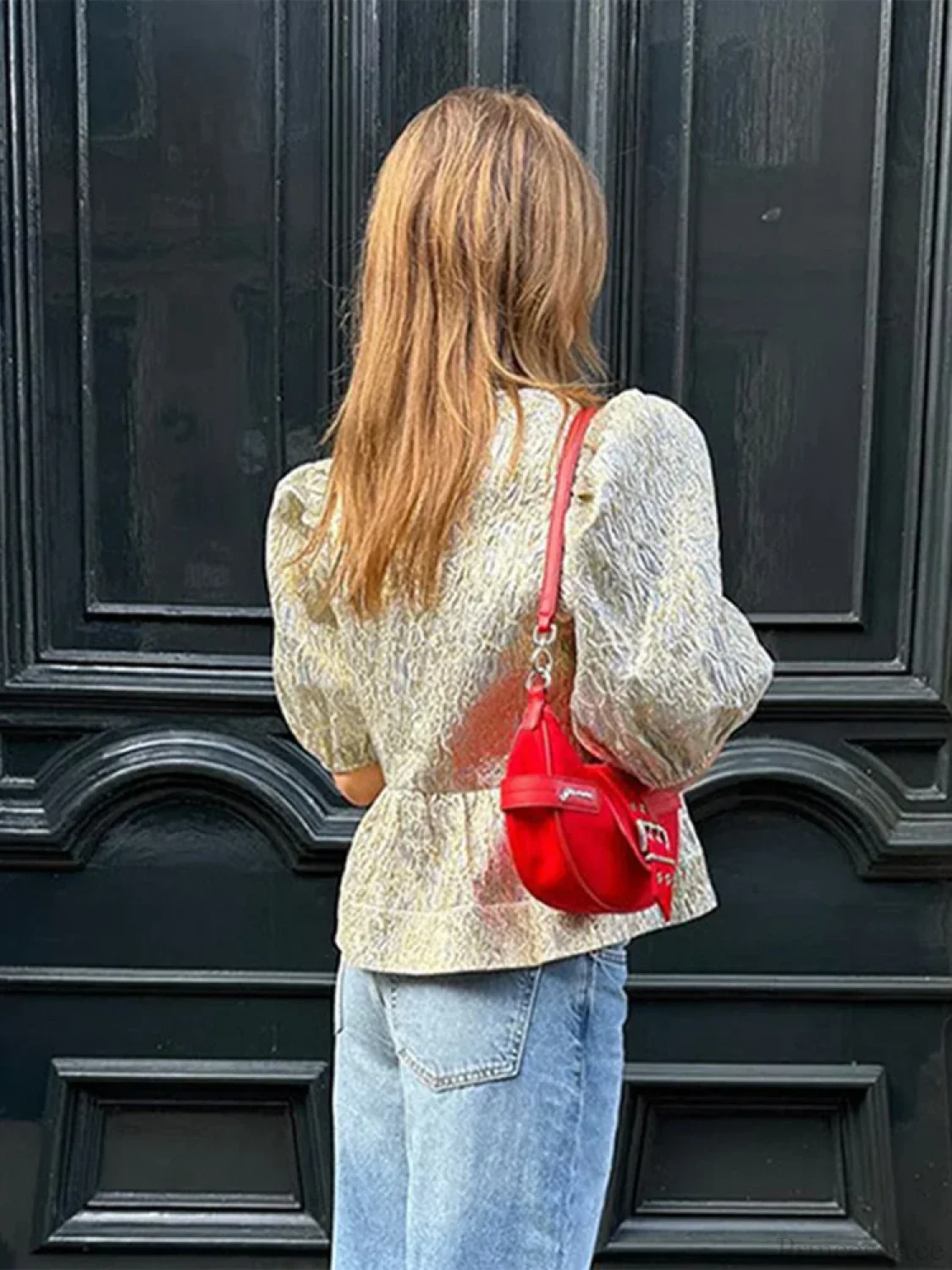 Shimmer Lace-Up Bow Puffy Sleeve Short Blouse - Image 5