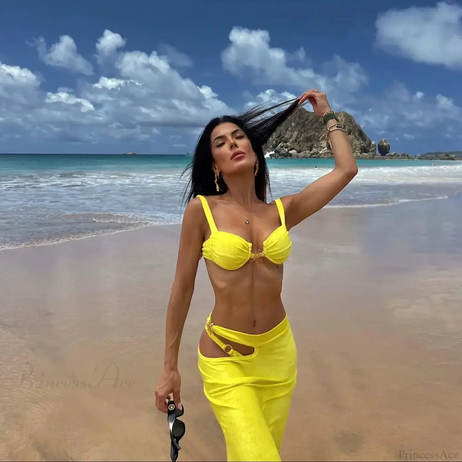 Shiny Bandeau Bikini with Cover Up Three Piece Swimsuit - Image 4