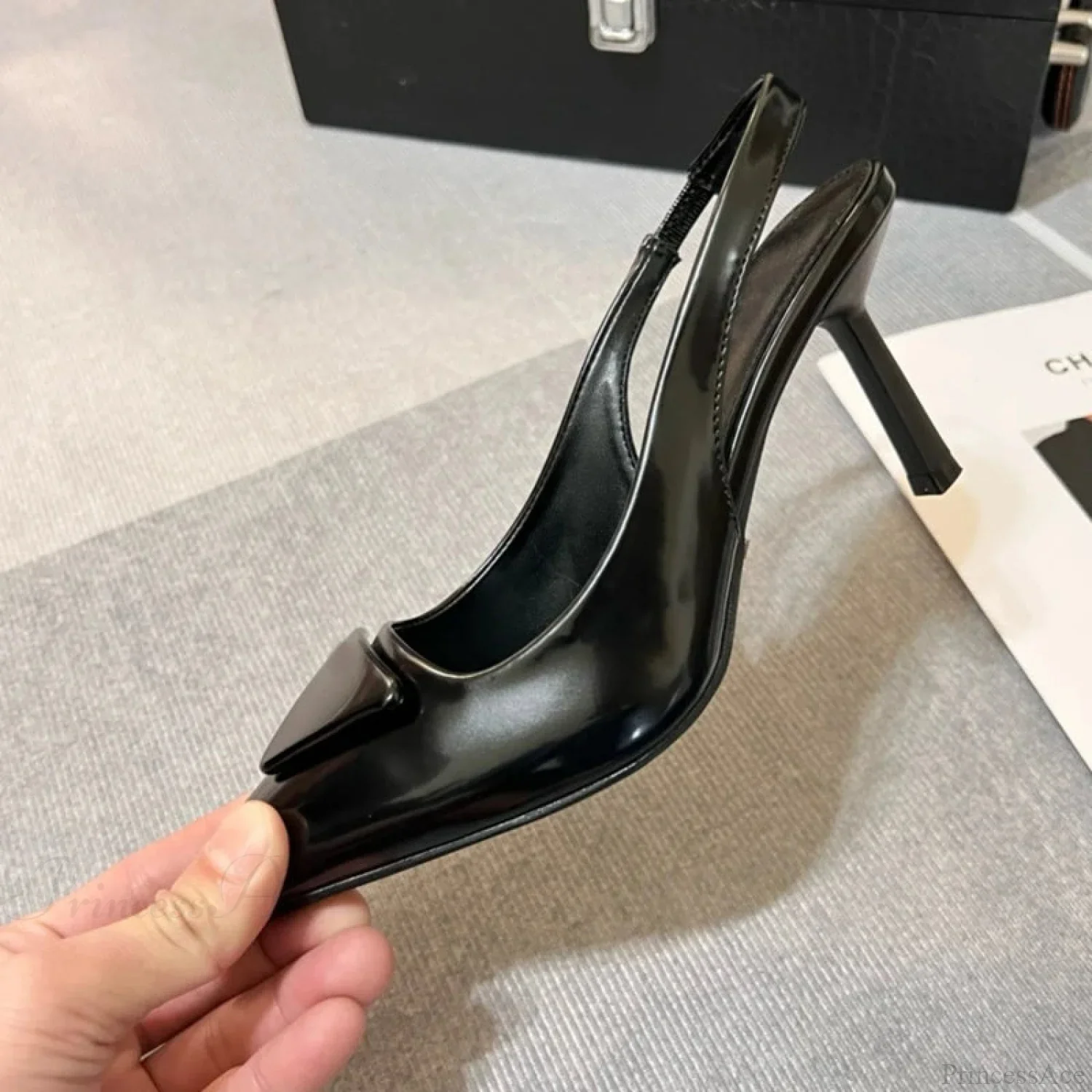 Shiny Leather Gothic Slingback Pointed Toe Tall Heel - Image 3