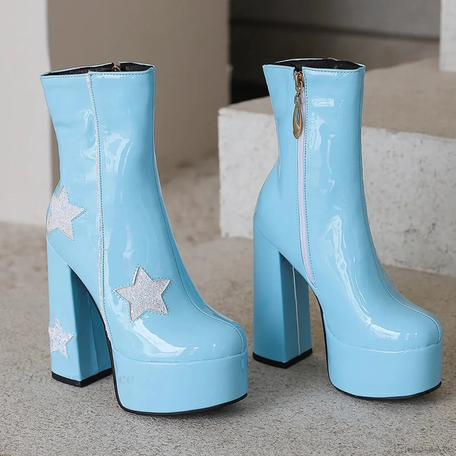 Shiny Leather Sparkle Elevated Gothic Zipper Brief Boot - Image 2