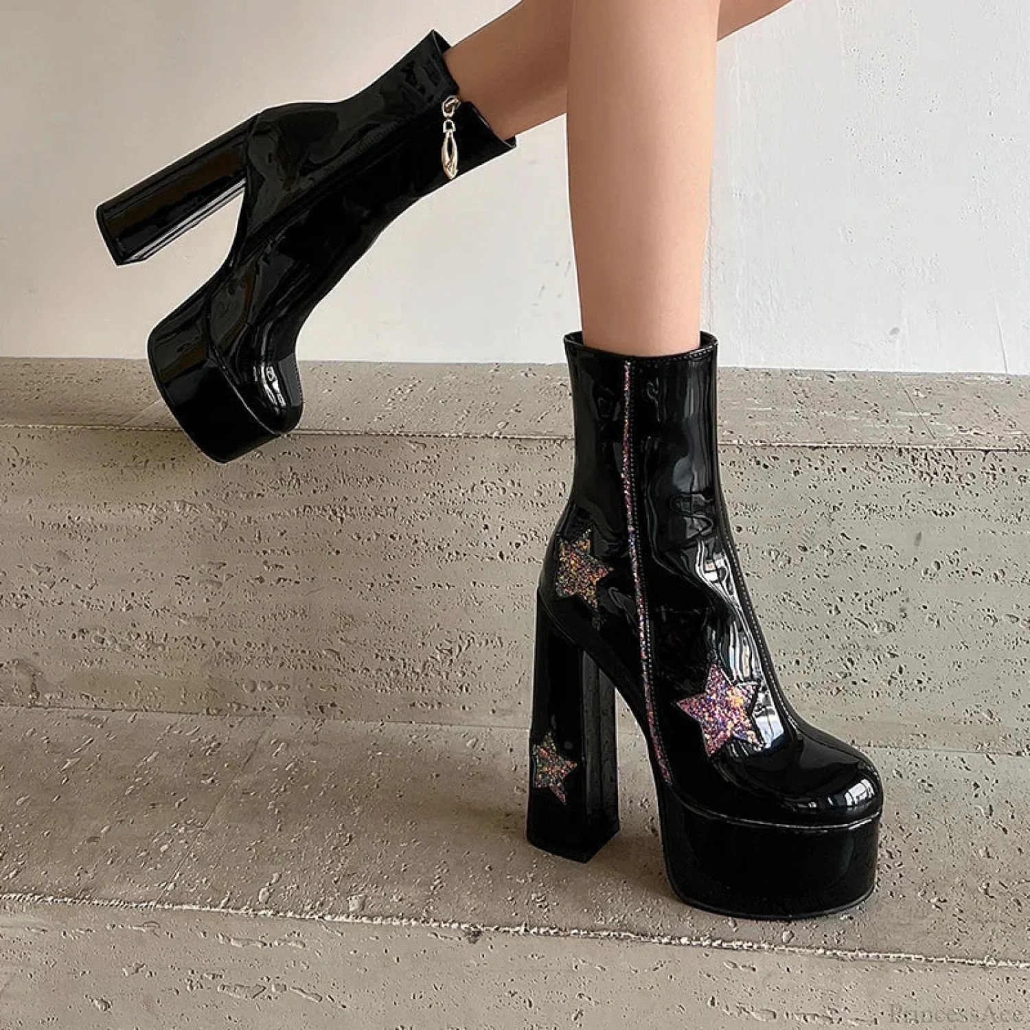Shiny Leather Sparkle Elevated Gothic Zipper Brief Boot - Image 5